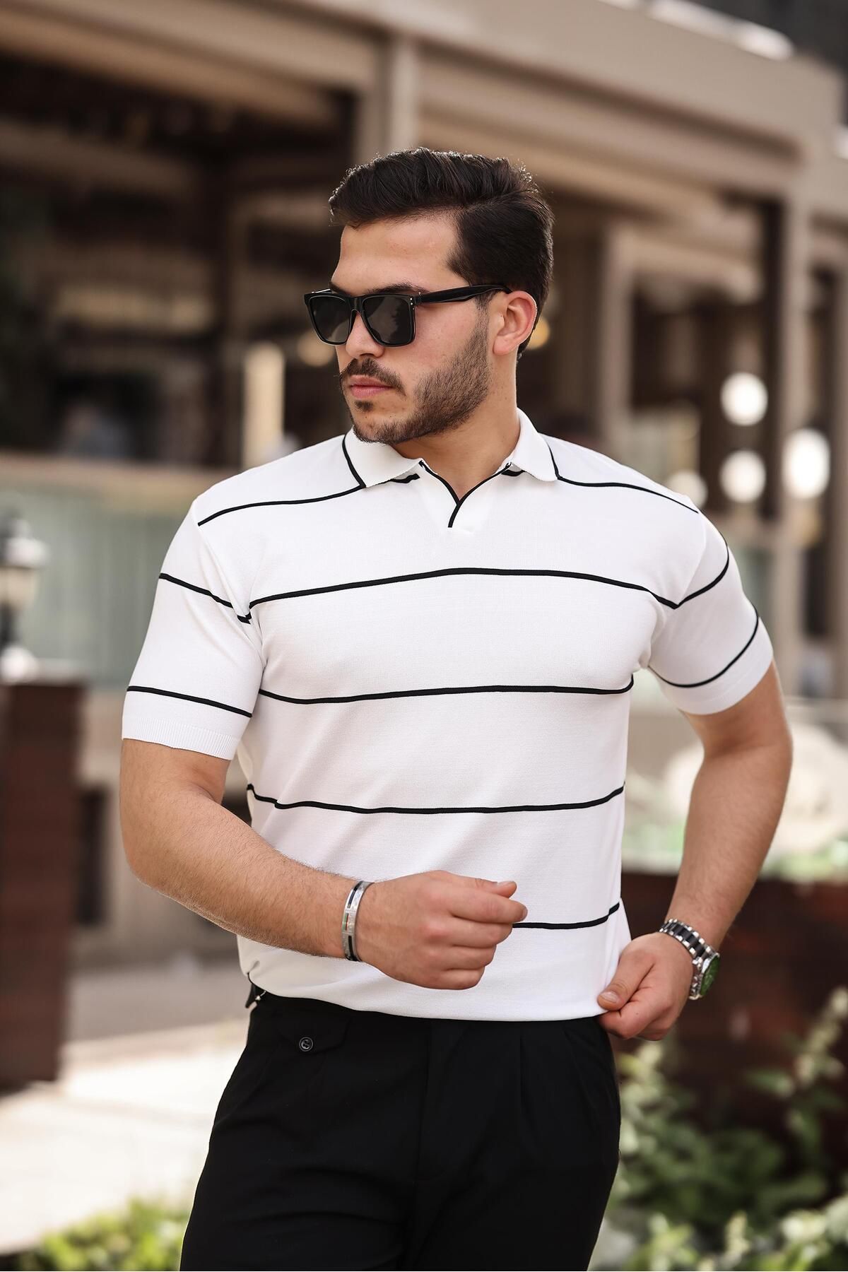 Miron-Polo Neck White Striped Knitwear T-Shirt - 2427 1