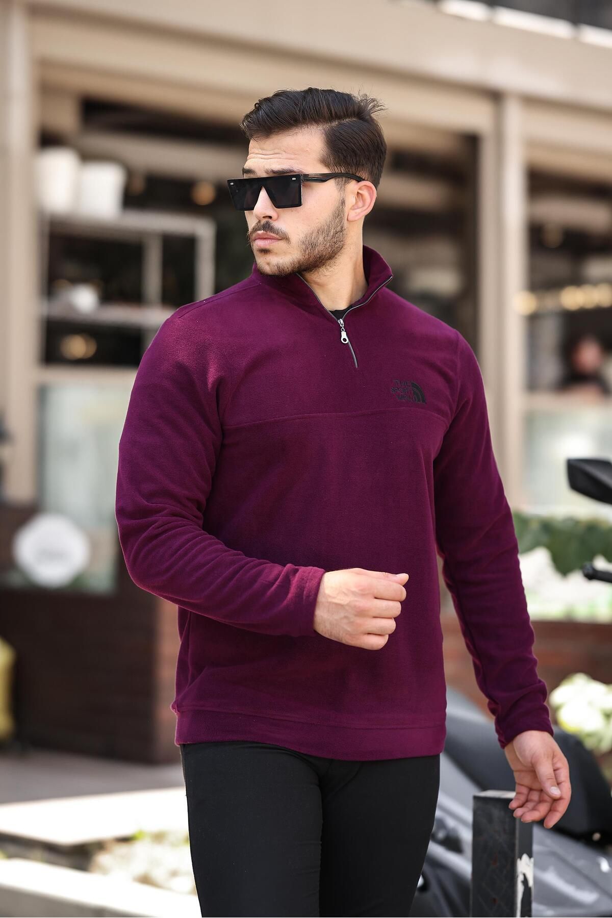 Miron-Unisex Embroidered Cherry Fleece Sweatshirt - Stand Collar and Half Zipper - 2321 3