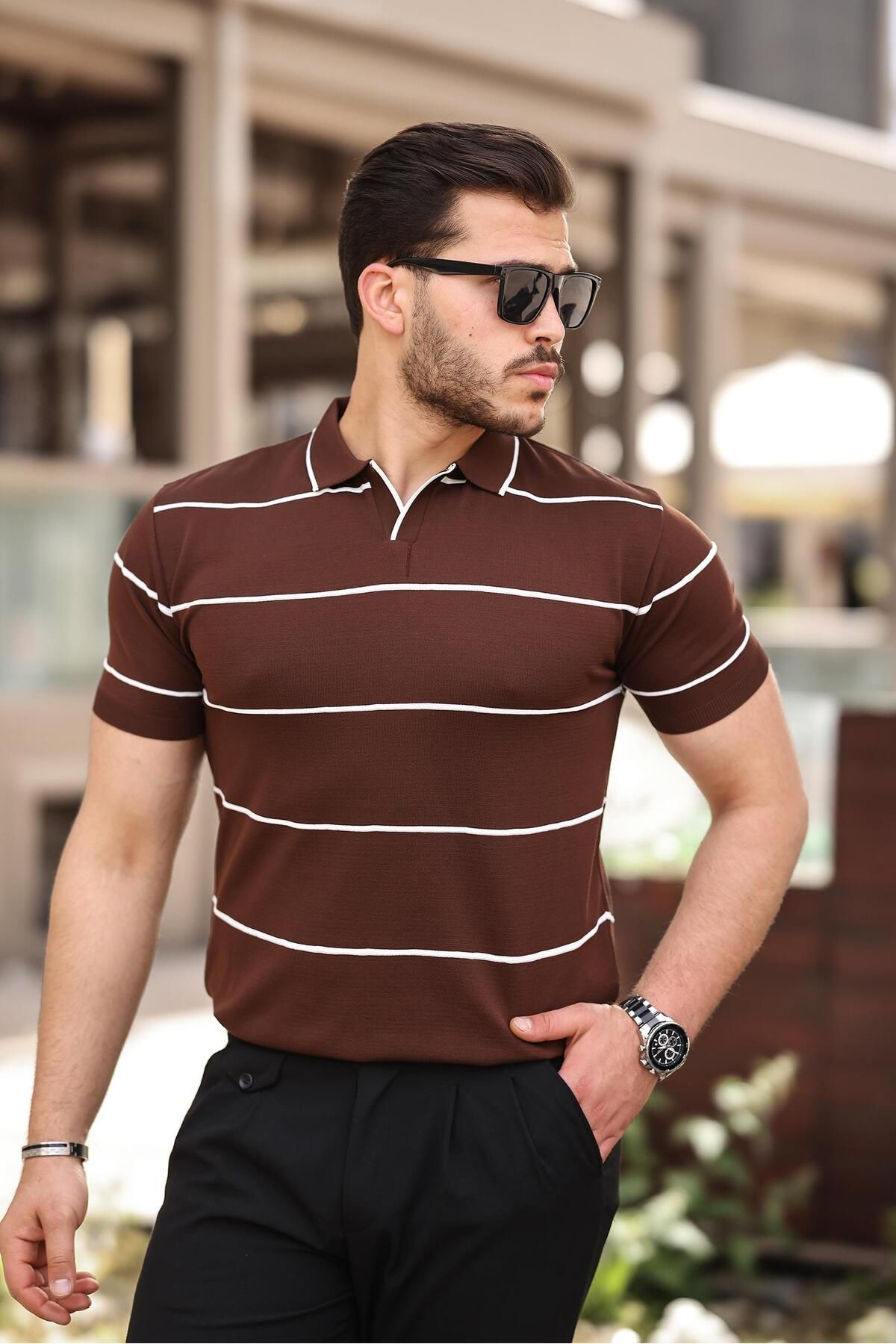 Miron-Tricou din tricot cu dungi maro cu gât polo - 2427 1