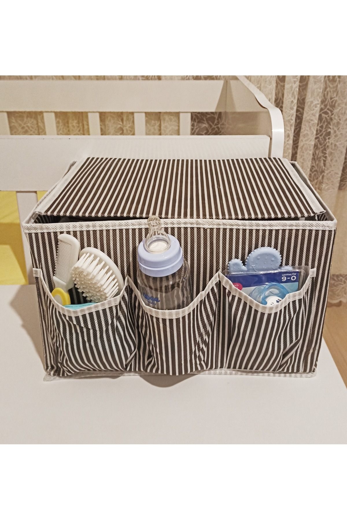 Butik Tutturma Aparatlı Bebek Beşik Başucu Düzenleyici Kapaklı 5 Bölmeli Organizer