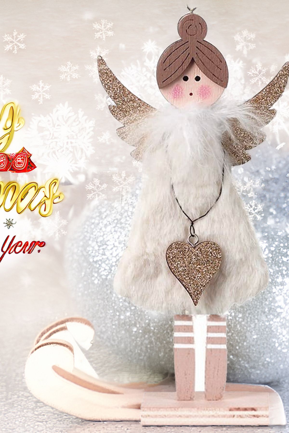 Sole-Christmas Ornament Decorative Wooden Angel Figurine with Plush Dress - 19 cm 2