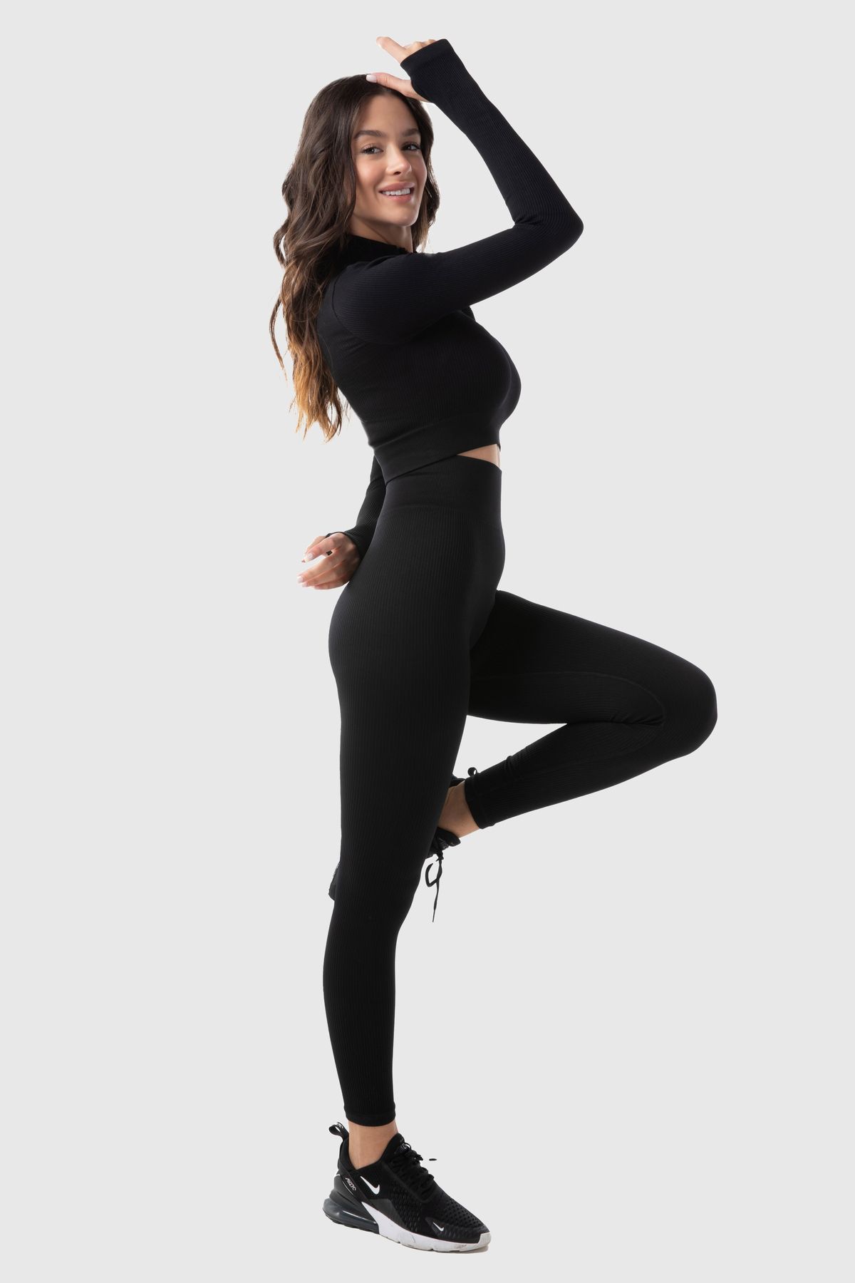 MODANTY-Women's Black Sports Set High Waist Tights Set Zippered Crop Recovery Seamless Fitness Outfit 2