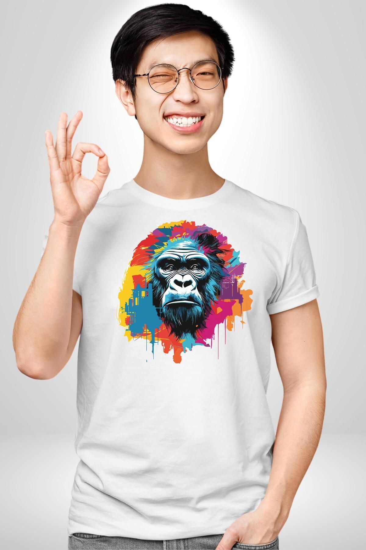 Angemiel-Tricou organic alb cu model Monkey Gorilla - Bumbac pieptănat unisex, de înaltă calitate 4