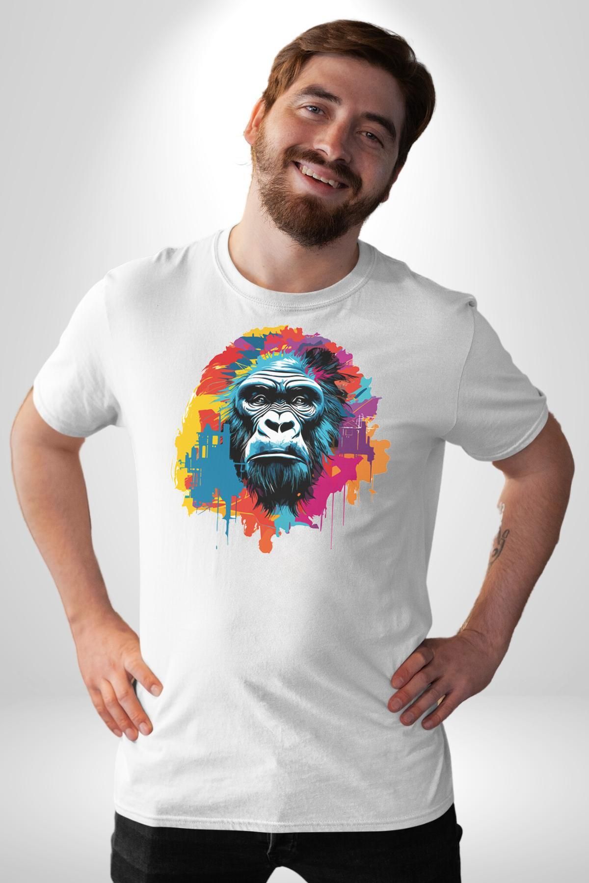 Angemiel-Tricou organic alb cu model Monkey Gorilla - Bumbac pieptănat unisex, de înaltă calitate 2