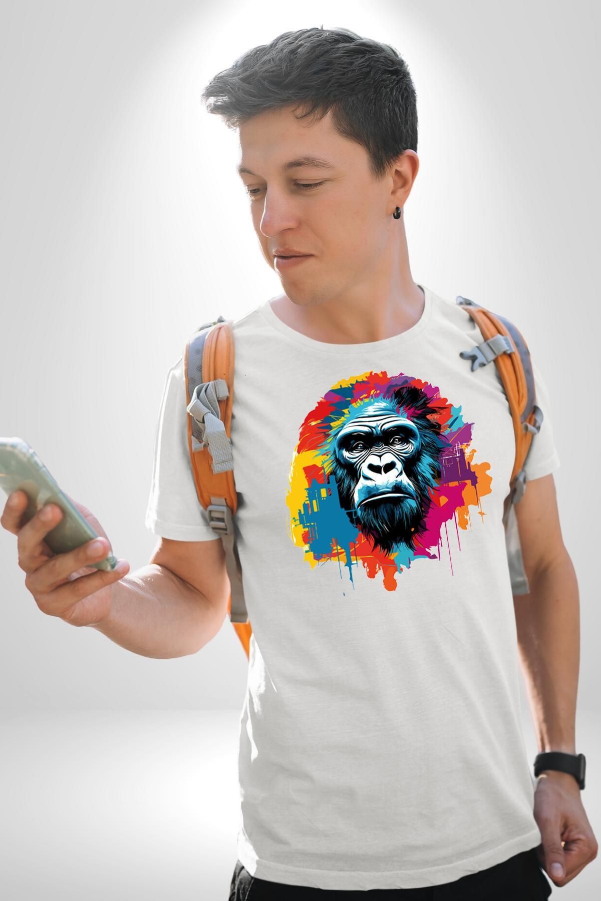 Angemiel-Tricou organic alb cu model Monkey Gorilla - Bumbac pieptănat unisex, de înaltă calitate 3