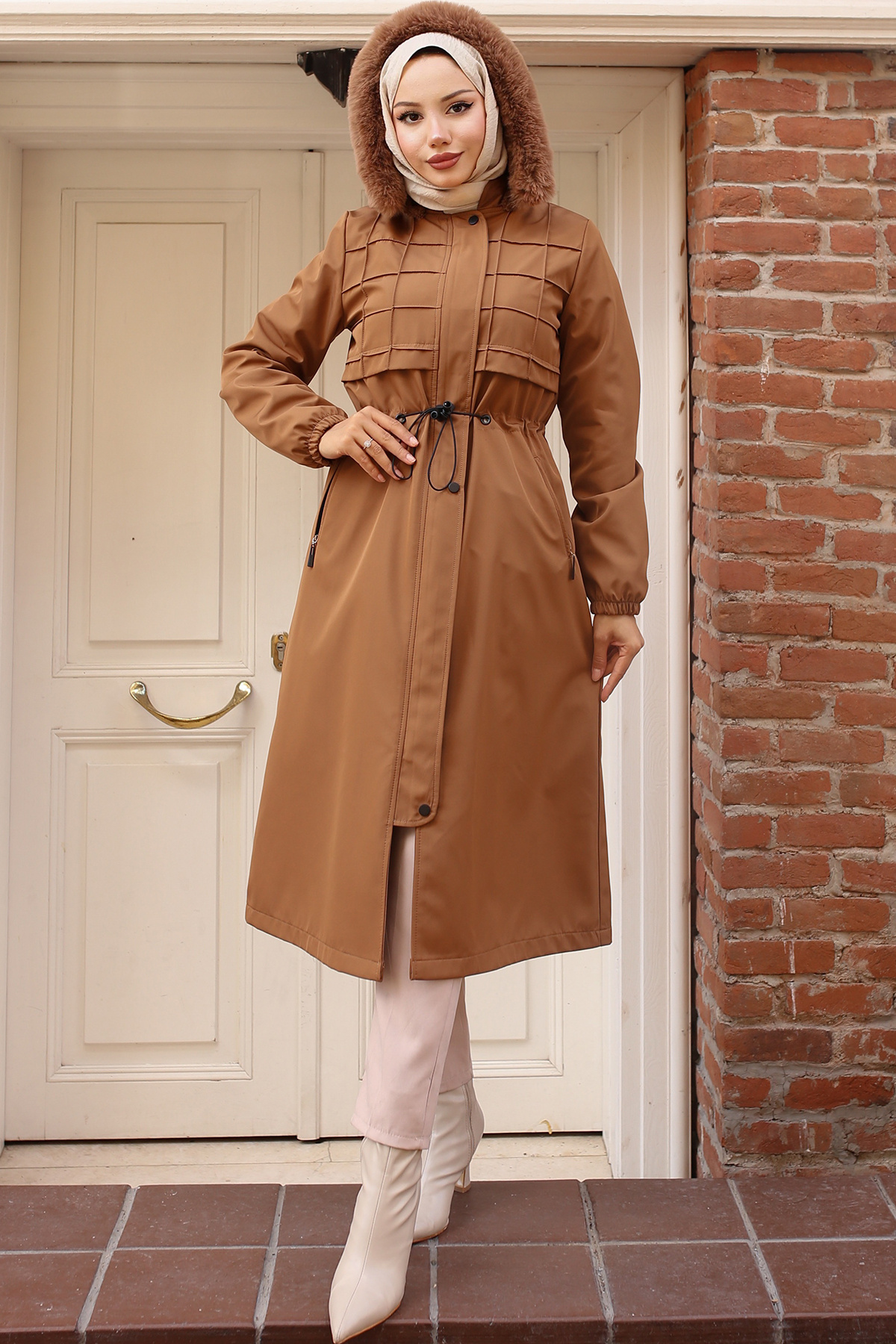 benguen 1101 İçi Peluşlu Yakası Kürklü Bondit Mont Taba