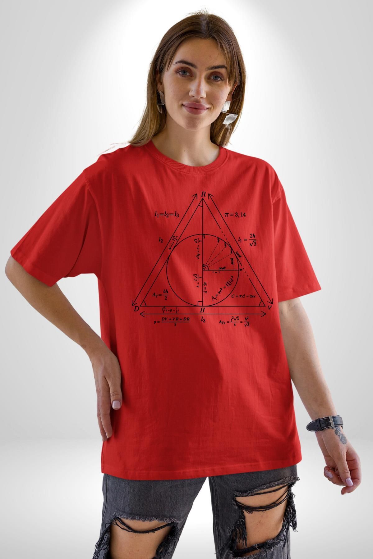 Angemiel-Pythagoras Circle Digital Printed Cotton Oversize Red Men's and Women's Boyfriend T-Shirt - Crew Neck 6