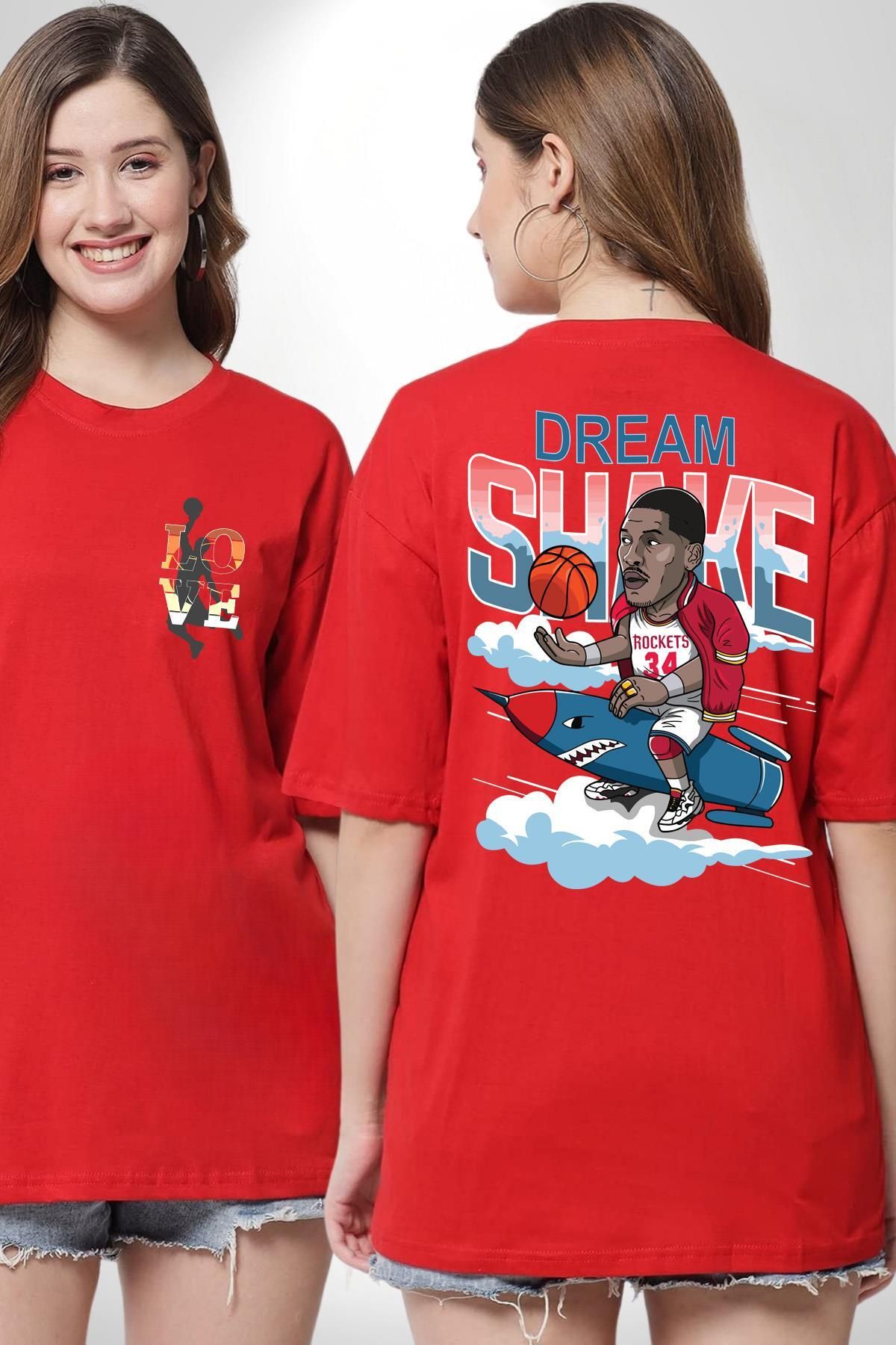 Angemiel-Basketball Dream Shake Rockets Red Oversize T-Shirt for Men and Women - Front and Back Printed 1