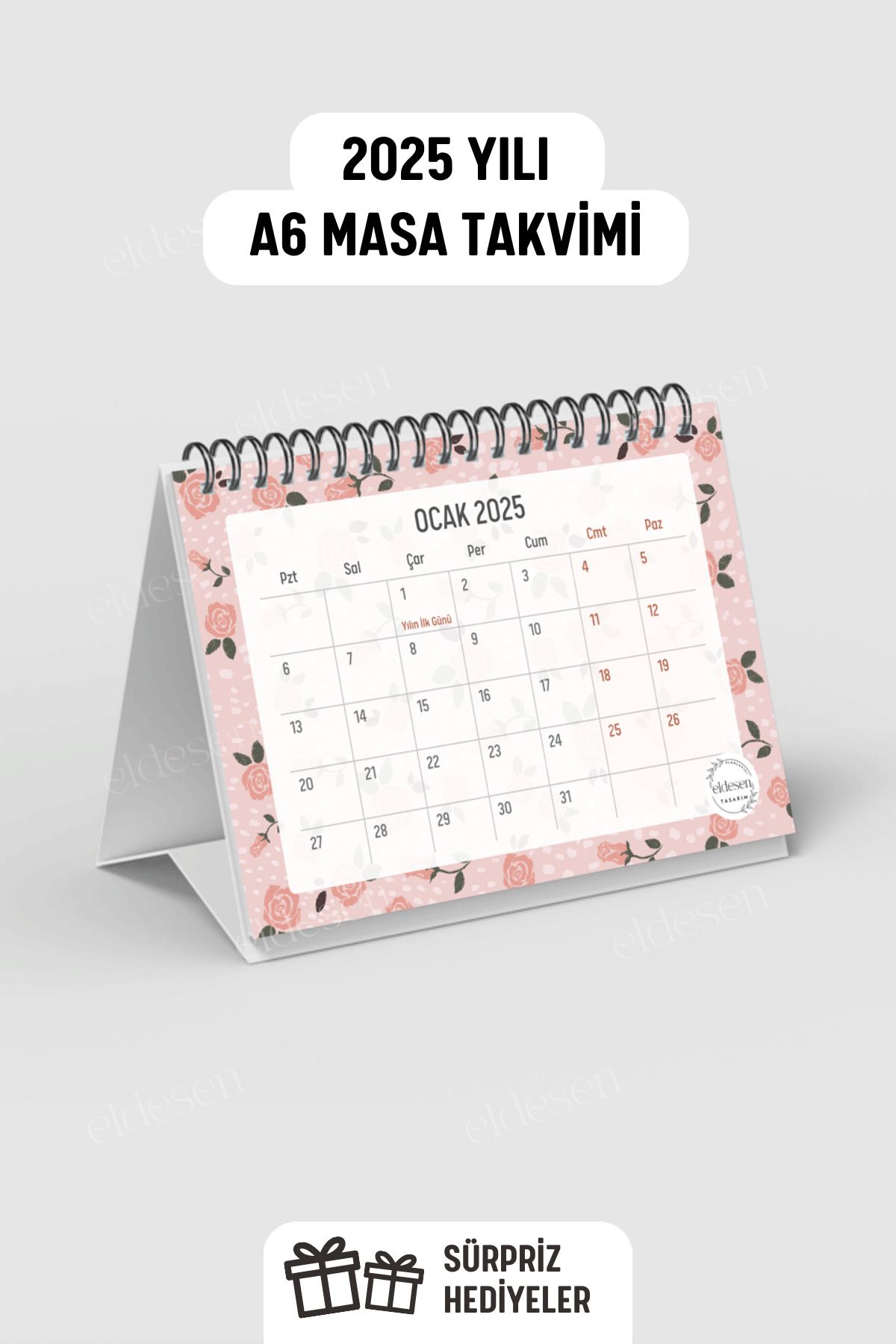 Eldesen Tasarım Yıllık Ve Aylık 2025 Masa Takvimi Spiralli A6 (15X12CM) Orta Boy / Resmi Tatiller Ve Hafta Sonları