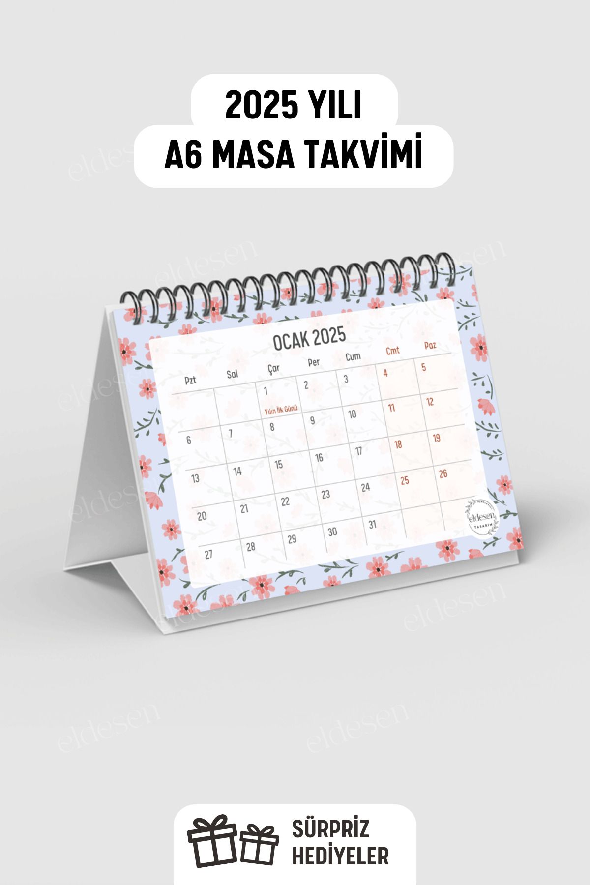 Eldesen Tasarım Yıllık Ve Aylık 2025 Masa Takvimi Spiralli A6 (15X12CM) Orta Boy / Resmi Tatiller Ve Hafta Sonları