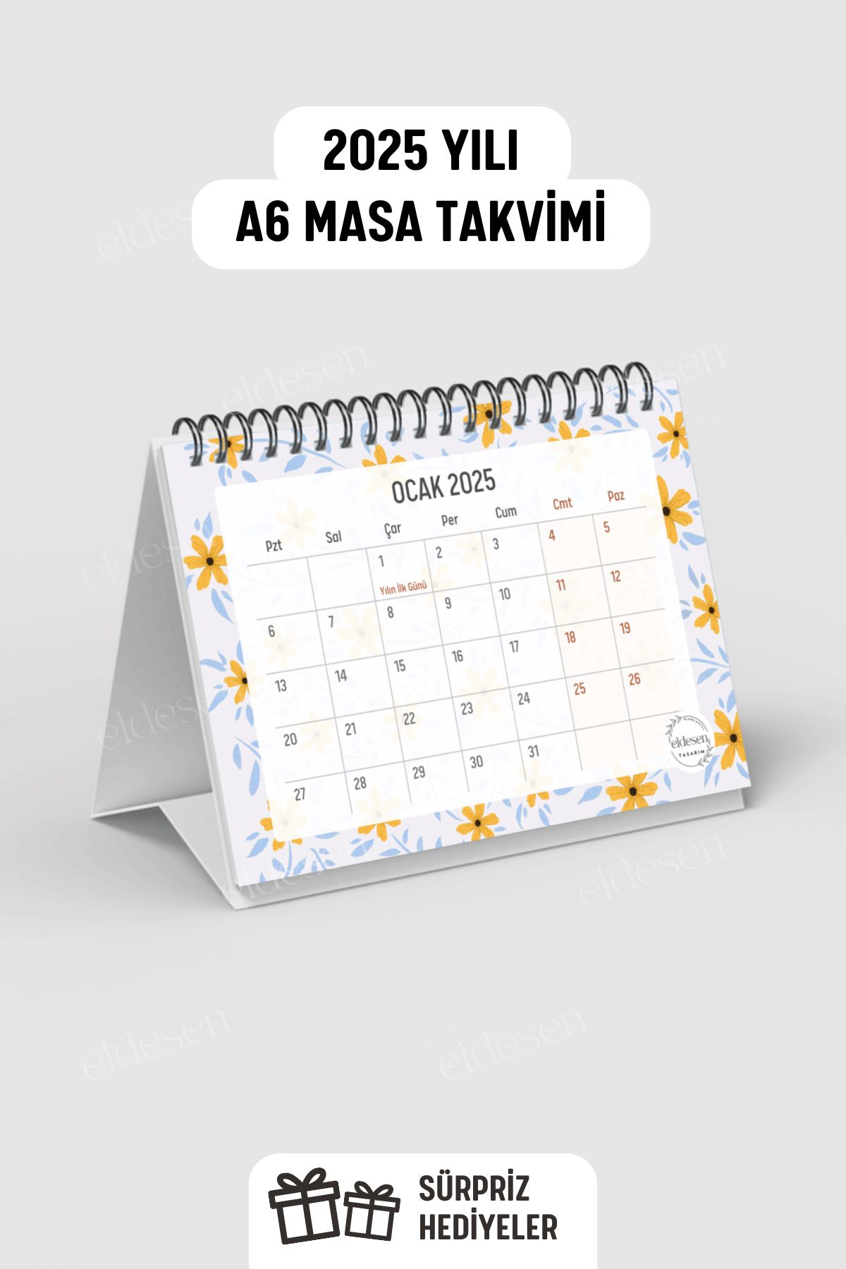 Eldesen Tasarım Yıllık Ve Aylık 2025 Masa Takvimi Spiralli A6 (15X12CM) Orta Boy / Resmi Tatiller Ve Hafta Sonları