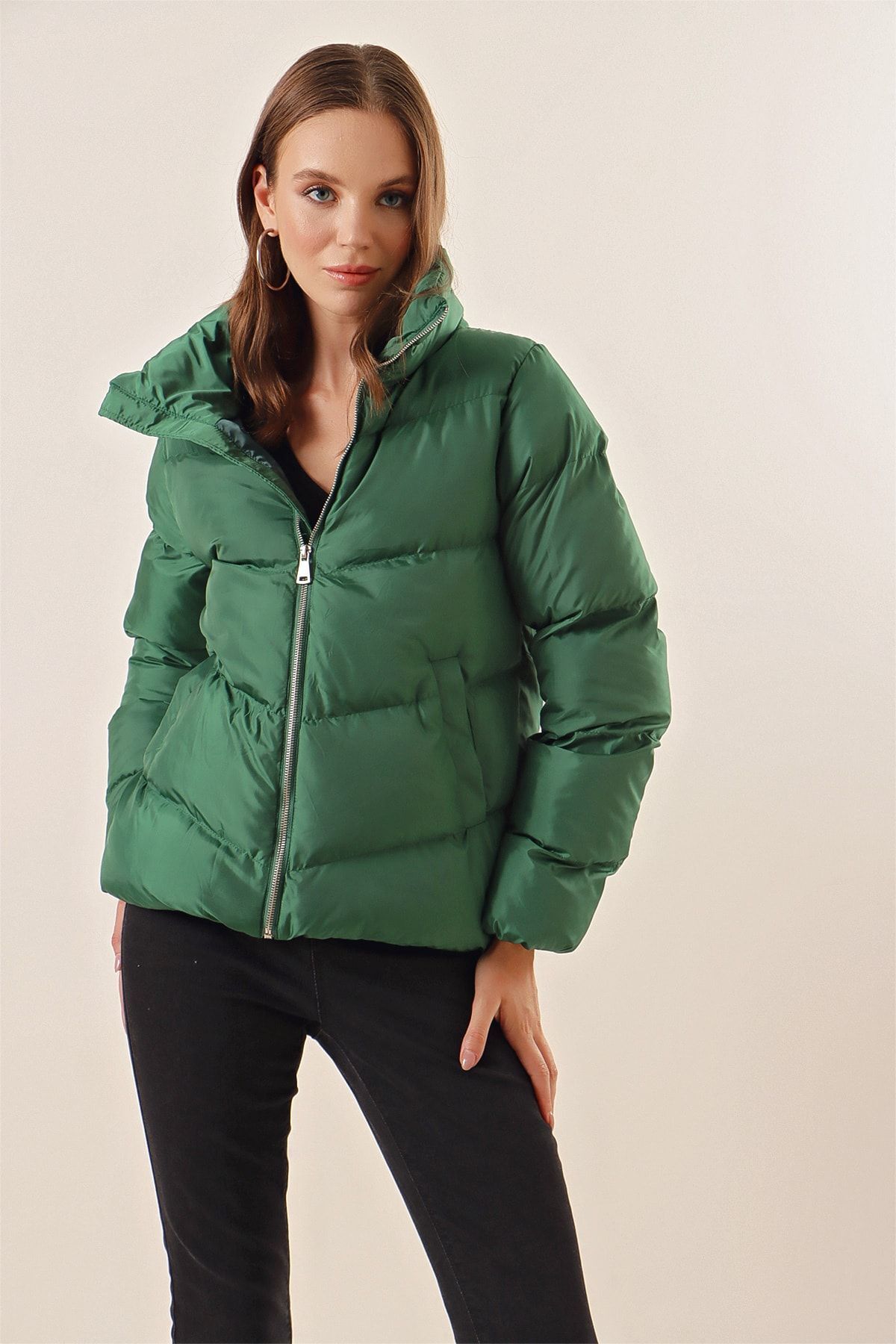 Bigdart-5205 Stand Collar Puffer Jacket with Zipper - Emerald Green 3