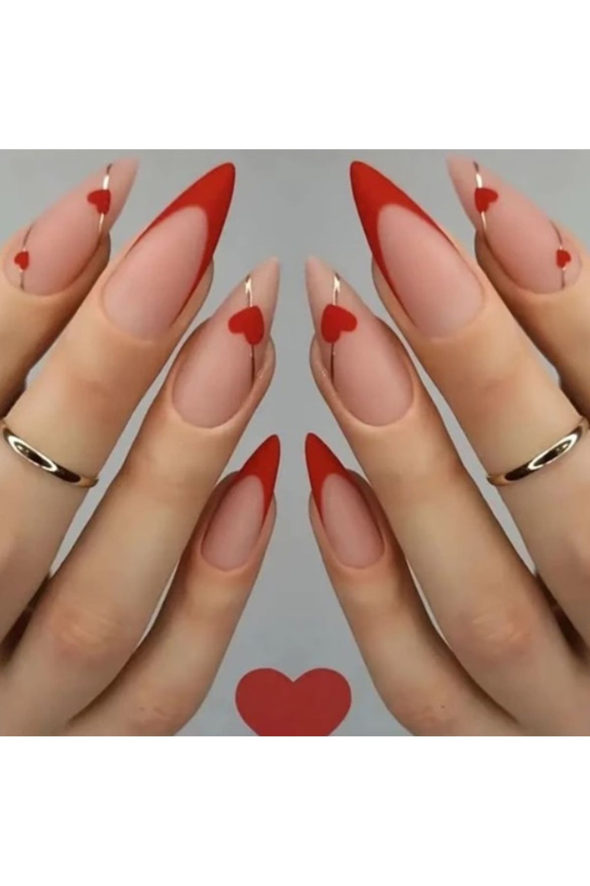 Alya Nail Studio Kırmızı French Kalp Kadın Takma Tırnak Ojeli Set Jel Protez Görünümlü Nail Art