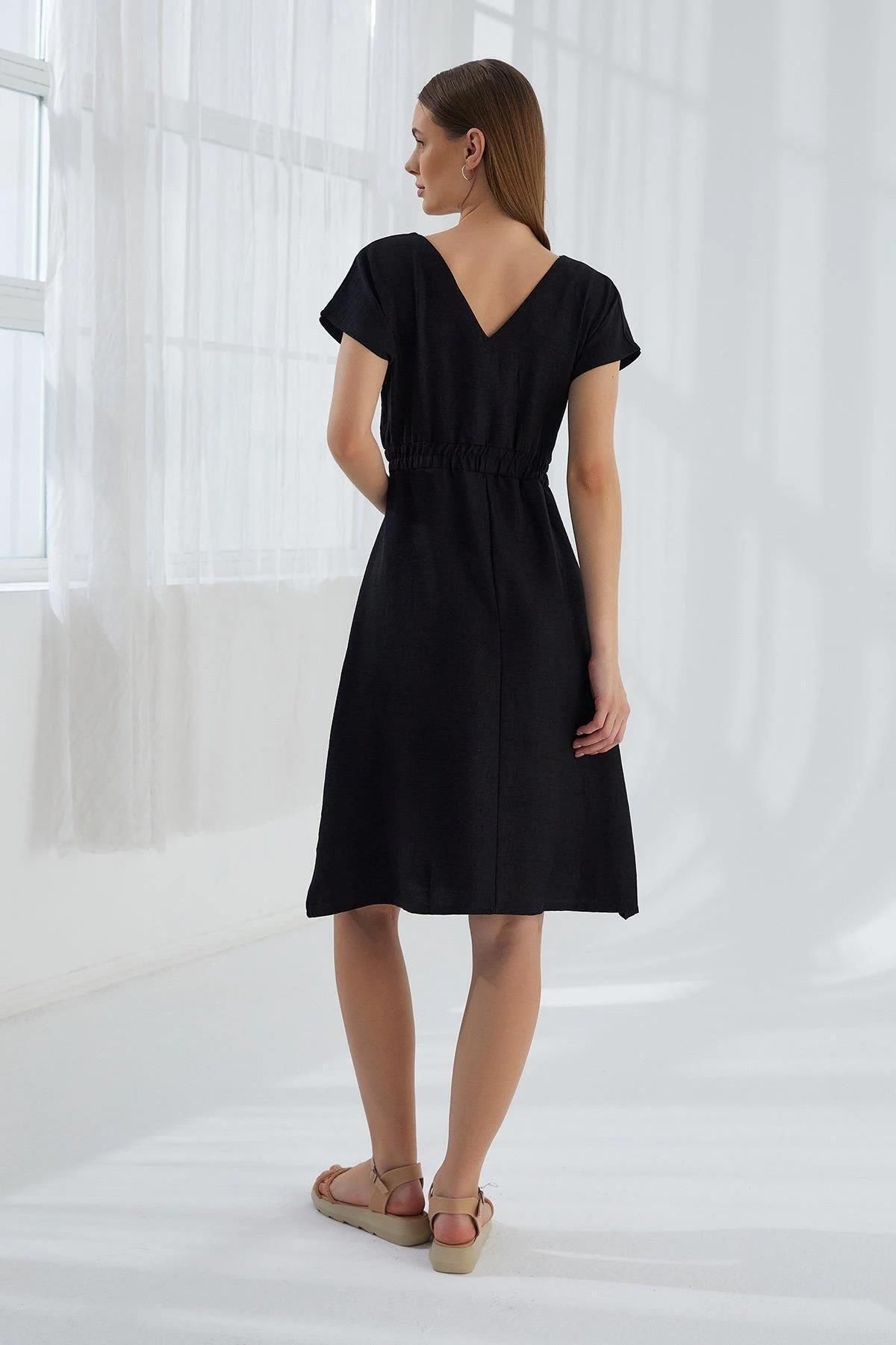 TENA-Black V-Neck Midi Women's Dress - Front and Back Buttoned 8