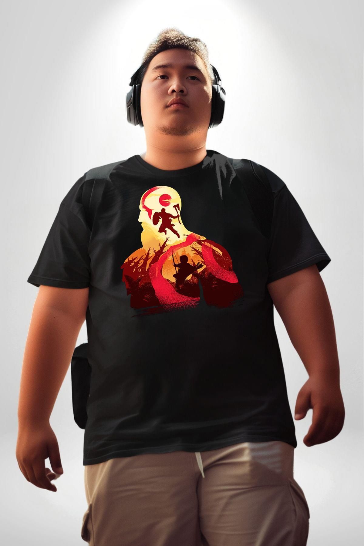 Angemiel-God Of War Kratos Unisex Black Large Size T-Shirt - Front Printed Basic Model 1
