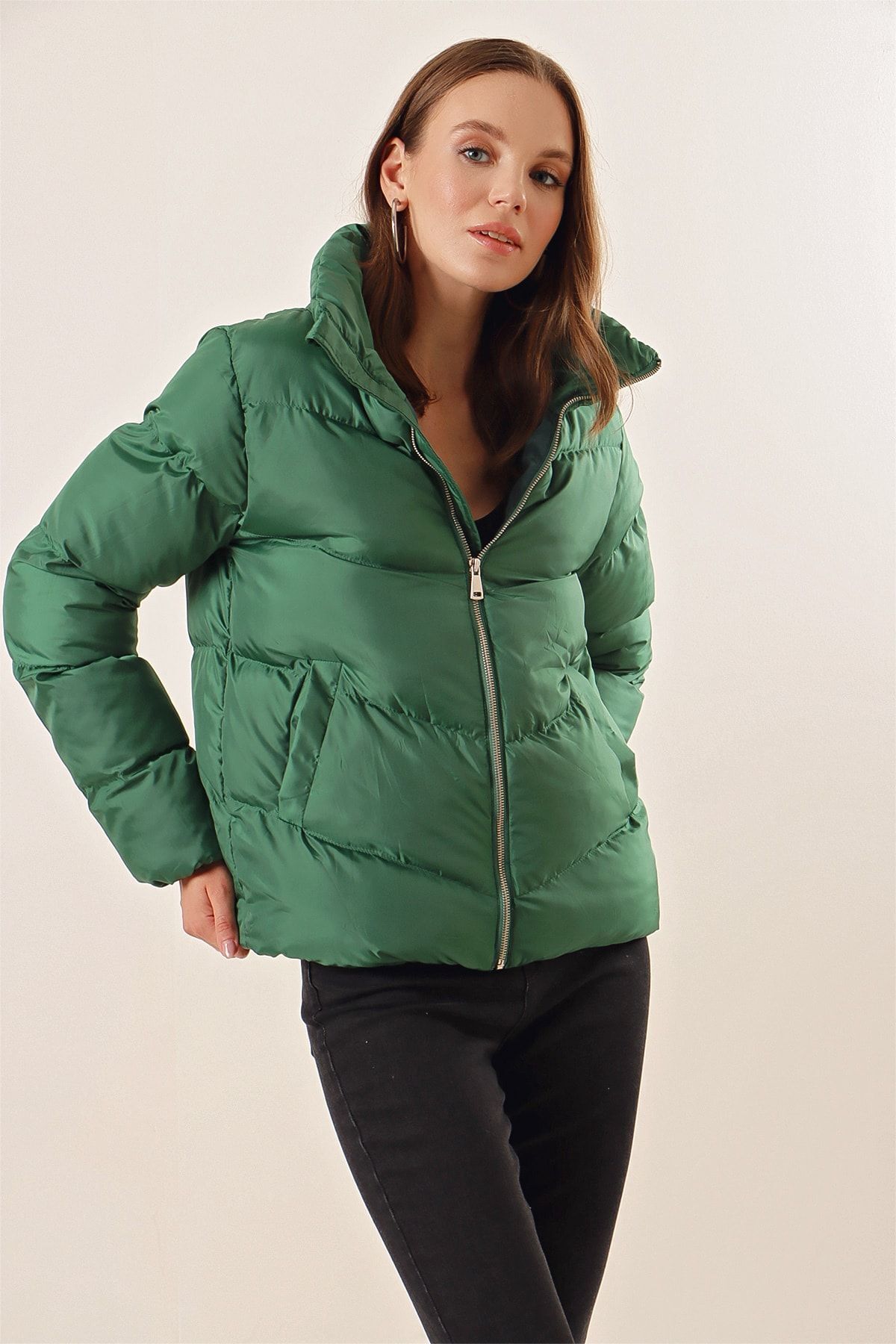 Bigdart-5205 Stand Collar Puffer Jacket with Zipper - Emerald Green 5