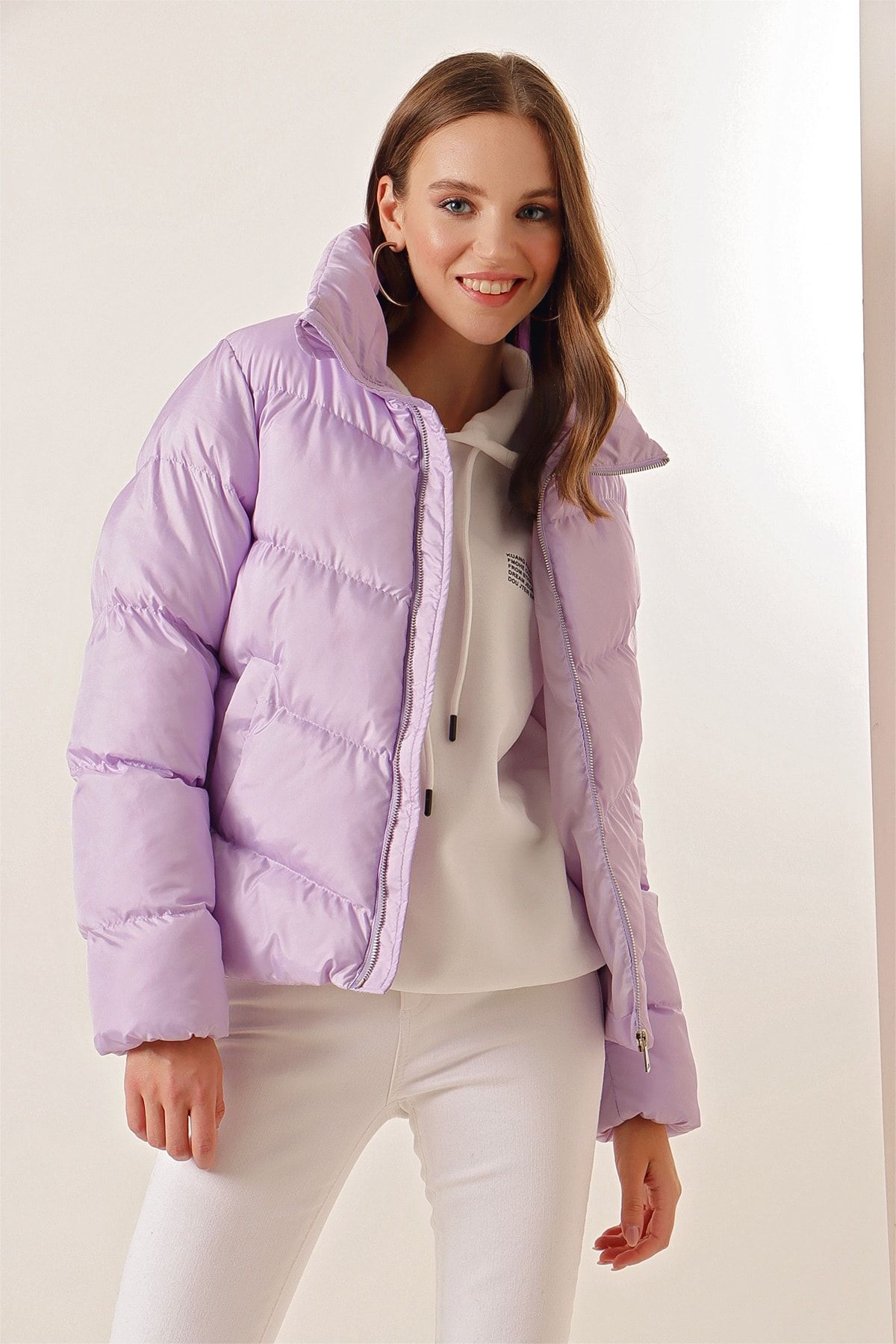 Bigdart-5205 Stand Collar Zippered Puffer Jacket - Lilac 1