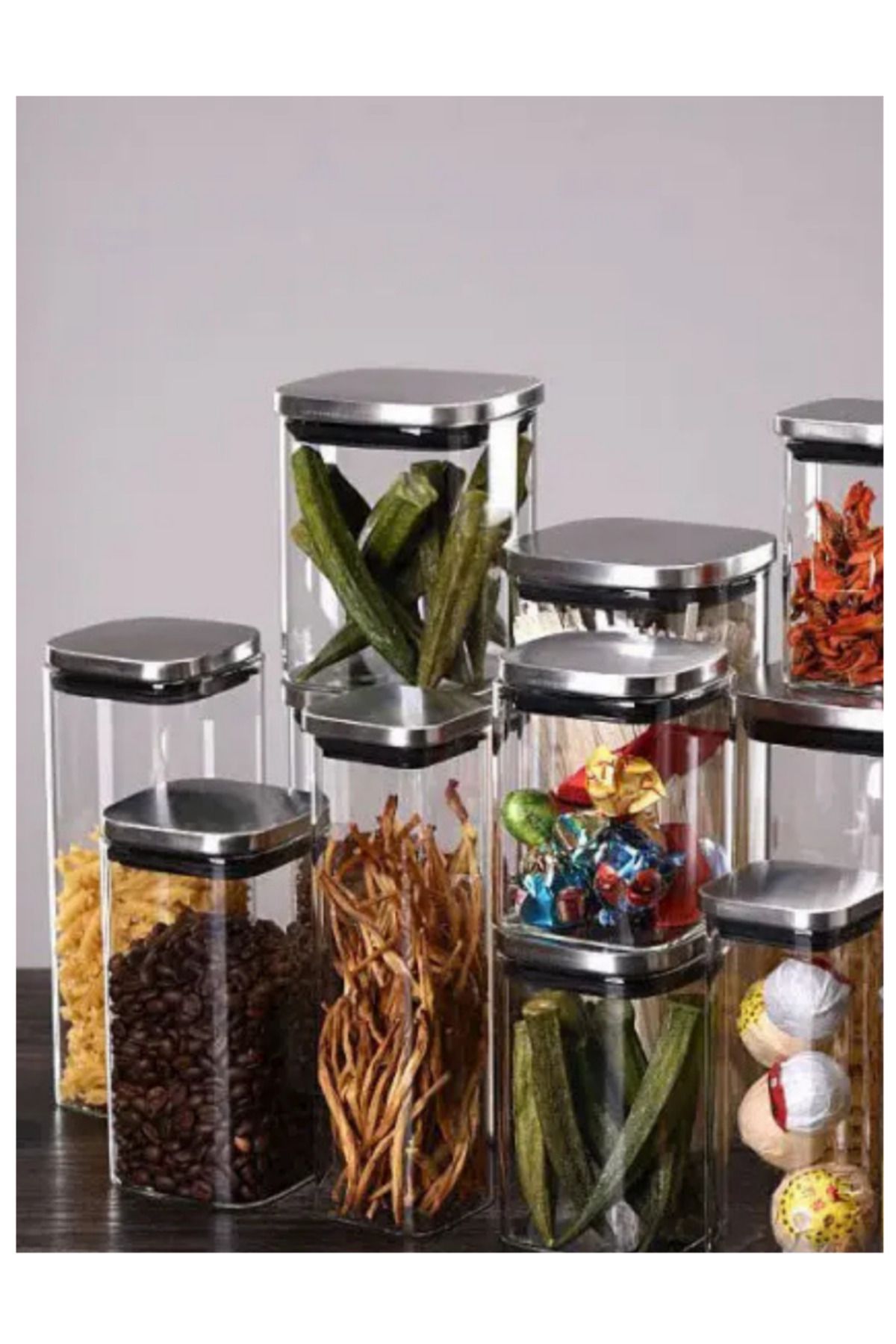 Kitchen Design Lab-8X8*15 cm Square Glass Jar -800 ml with Vacuum Chrome Lid, Spice Rack Storage Container 12 Pcs 5