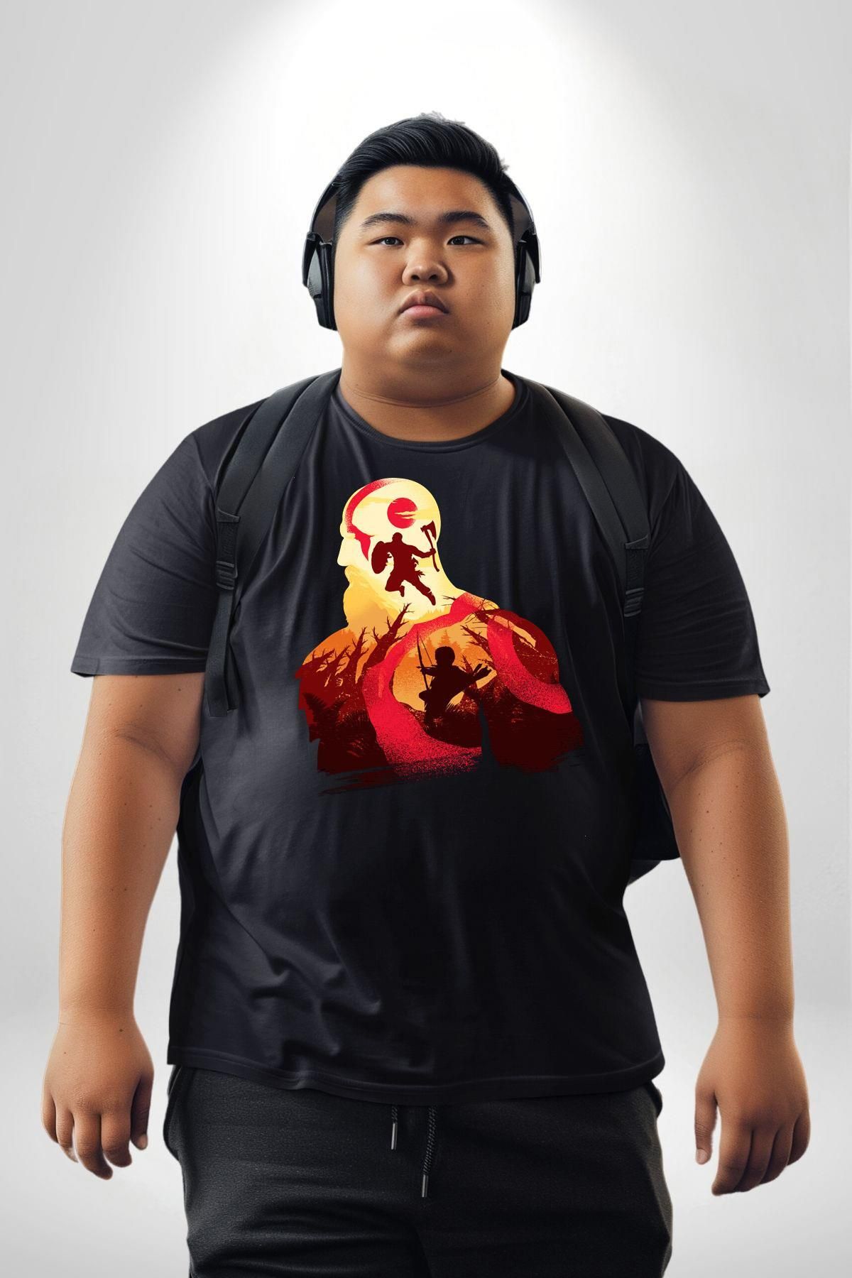 Angemiel-God Of War Kratos Unisex Black Large Size T-Shirt - Front Printed Basic Model 5
