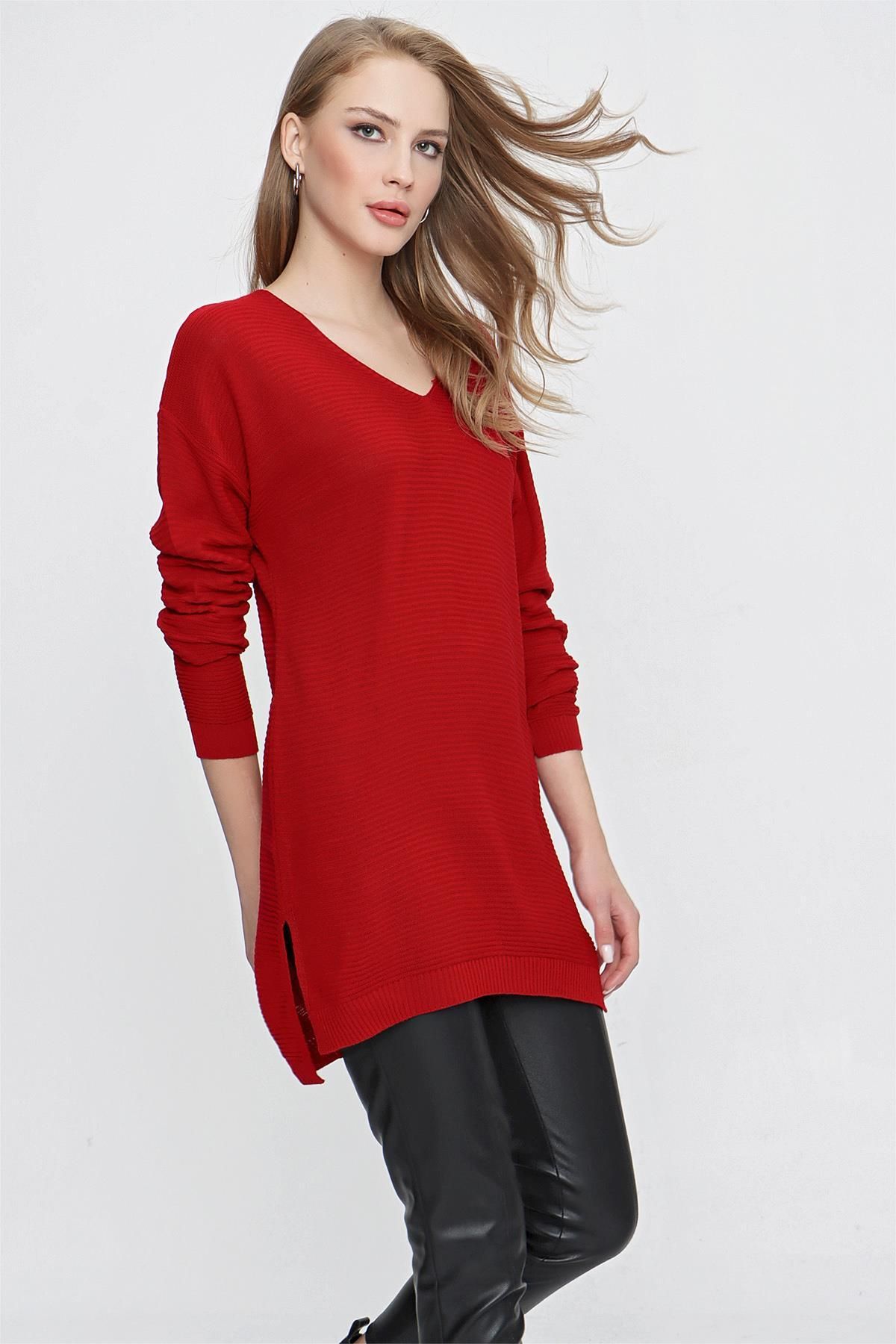 TENA-Women's Red V-Neck Casual Knitwear Sweater 4