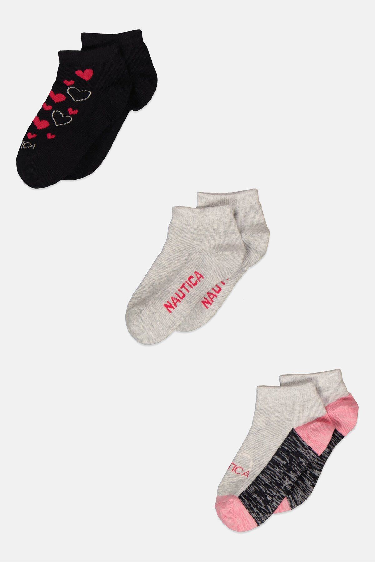 Nautica-Toddlers Girl 3 Pairs Ankle Socks, Black/Grey/Pink 1