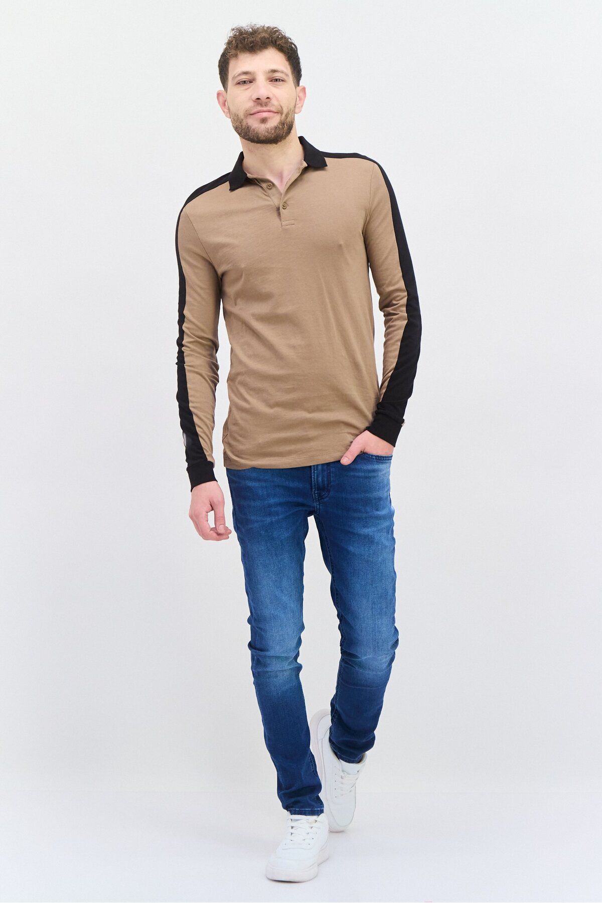 Asos Design-Men Regular Fit Color Block Full Sleeves Polo Shirt, Tan/Black 3