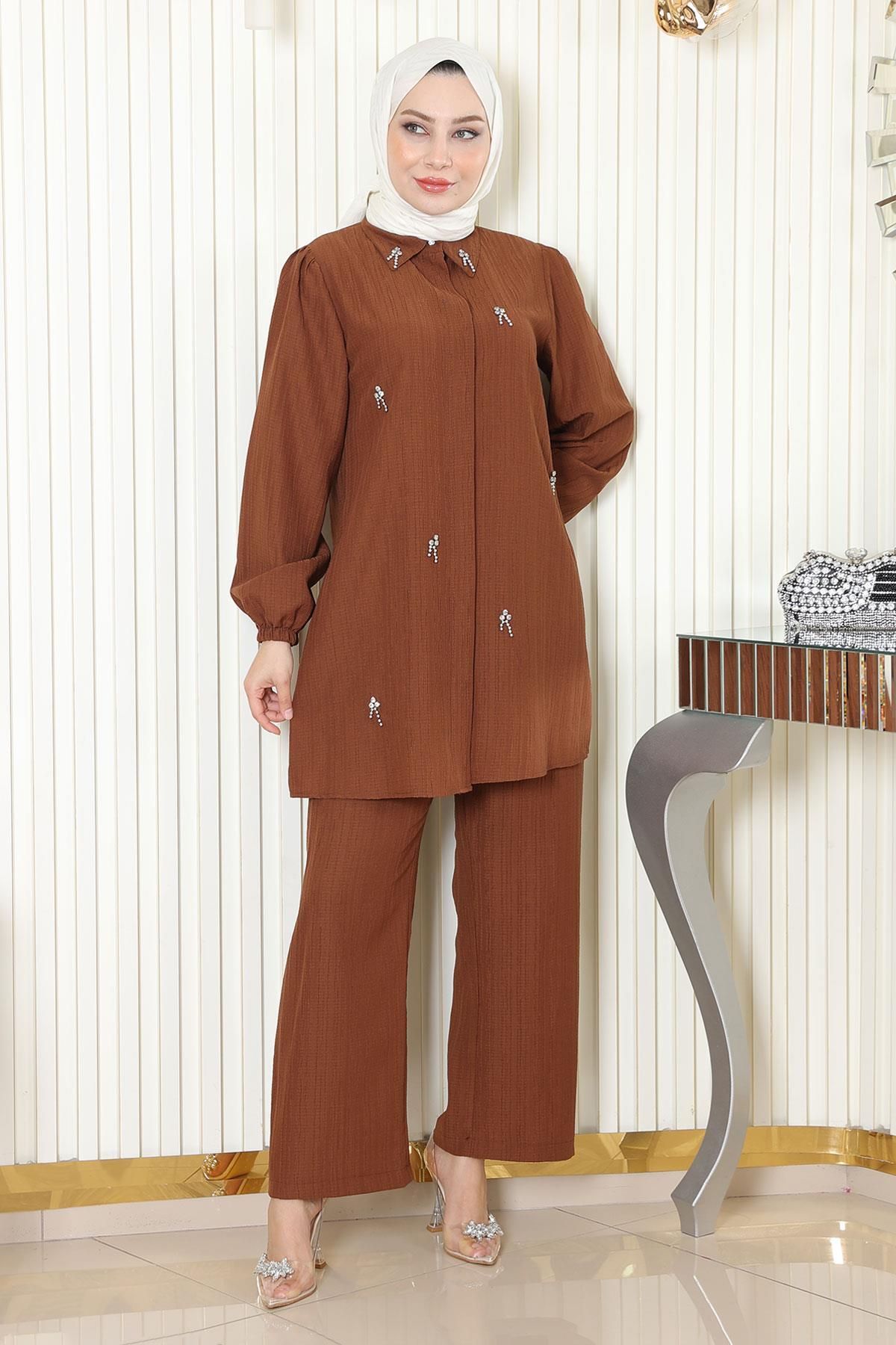 Modamihram-Stone Detailed Suit Brown 19902 1