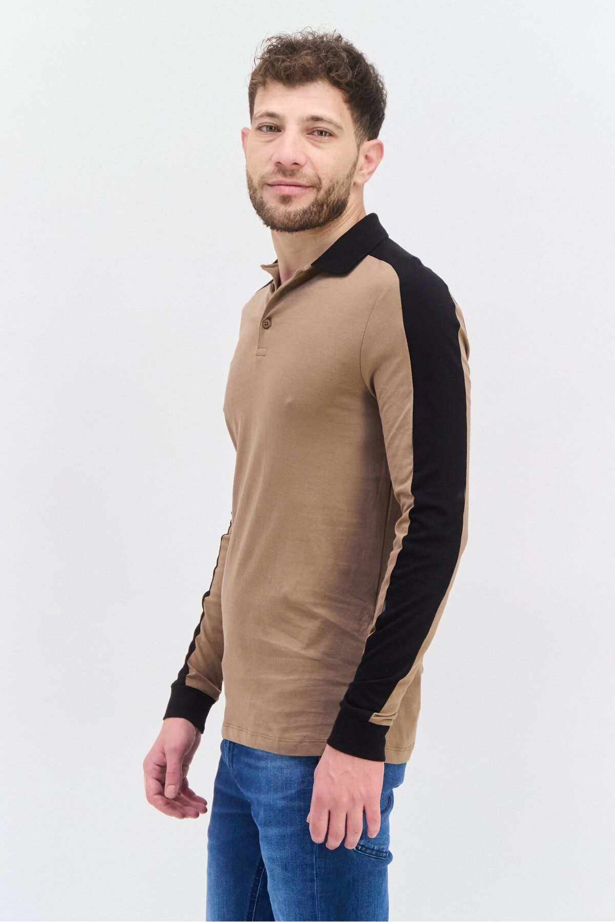Asos Design-Men Regular Fit Color Block Full Sleeves Polo Shirt, Tan/Black 2
