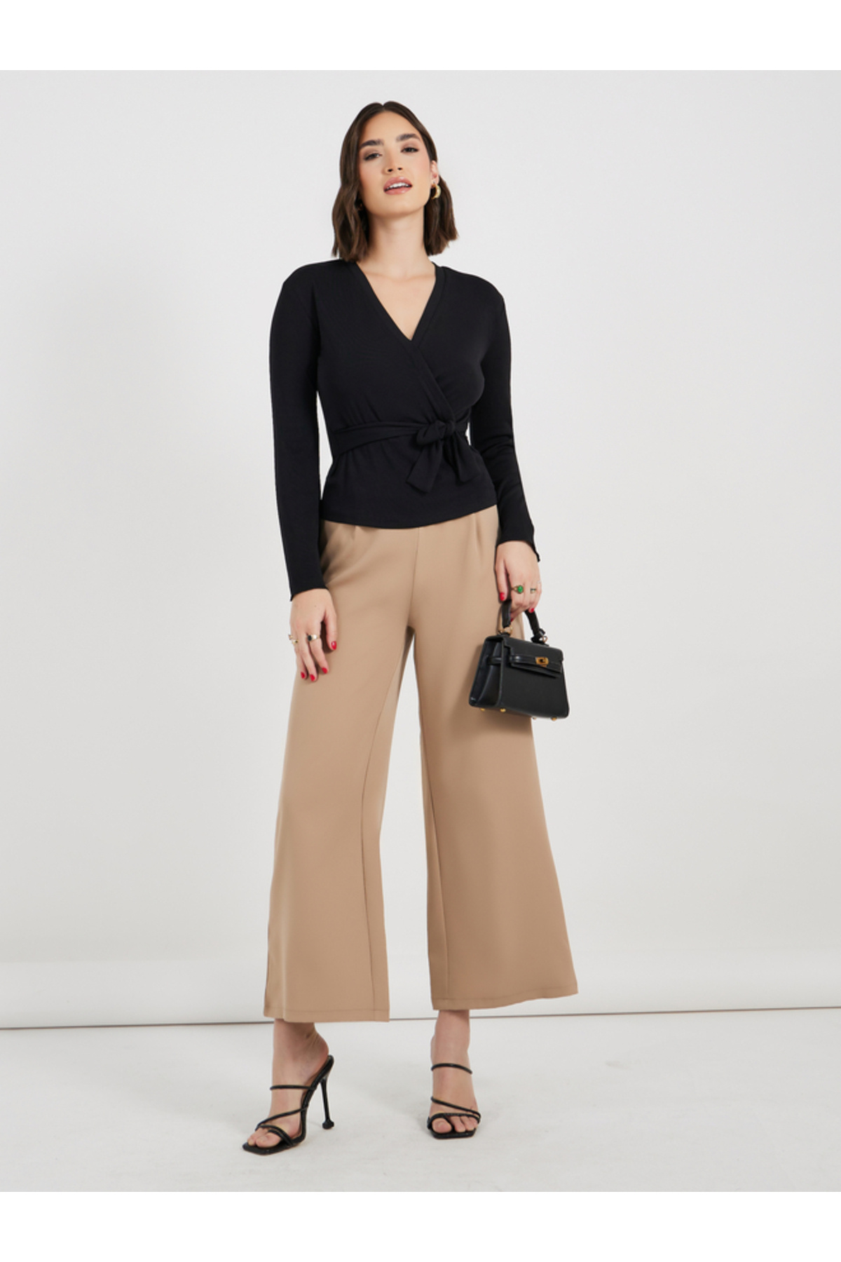 Styli-Overlap V Neck Knit Wrap Top with Flared Sleeves 2