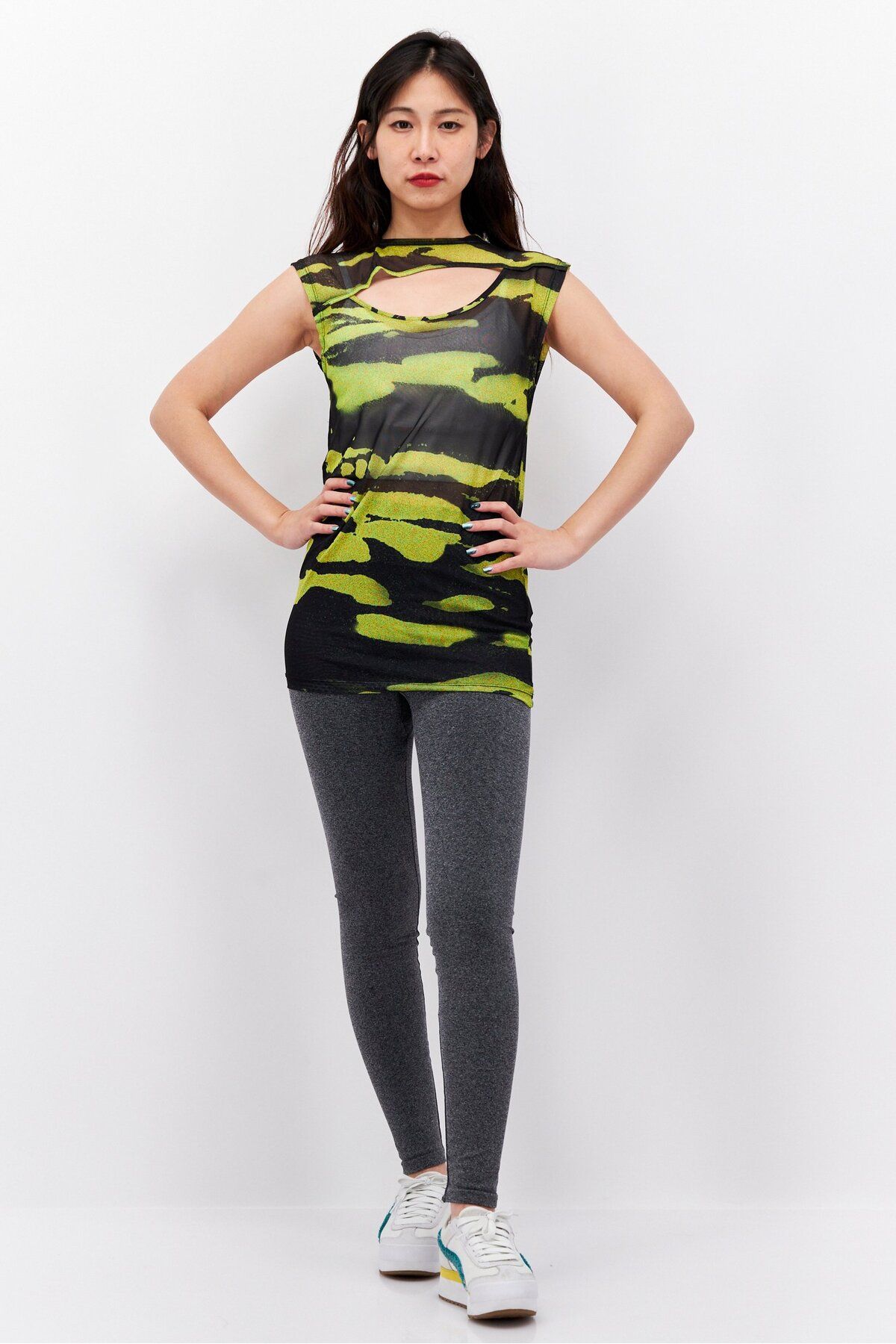 Asos Design-Women Crew Neck Sleeveless Allover print Top, Black/Lime 4