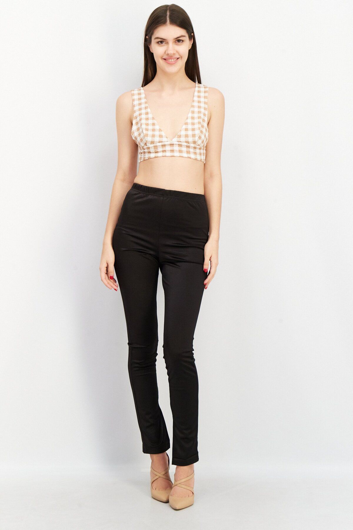 Asos Design-Women Plunging Neck Sleeveless Checkered Crop Top, Brown 4