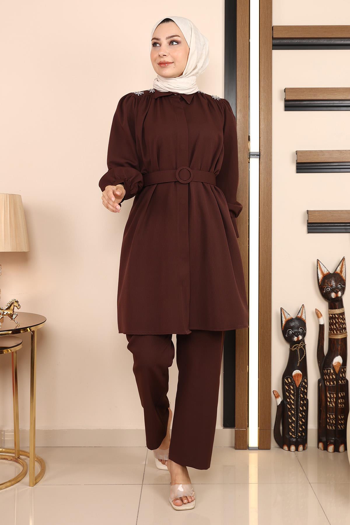 ModaMihram Pearl Detailed Suit Brown 19130