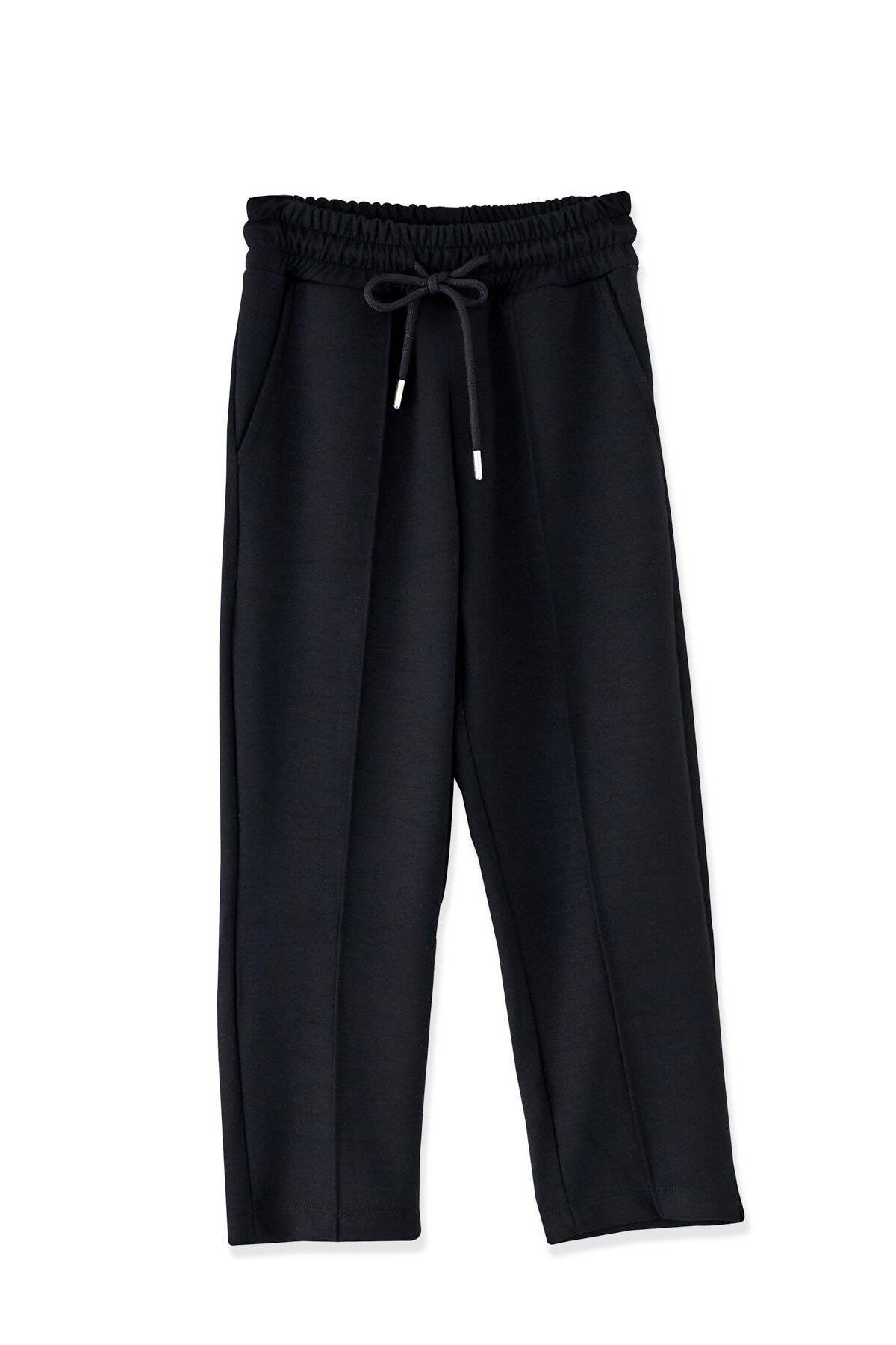 Katia&Bony-Girl's Black Colored Ribbed Tie-Up Waist Sweatpants 1