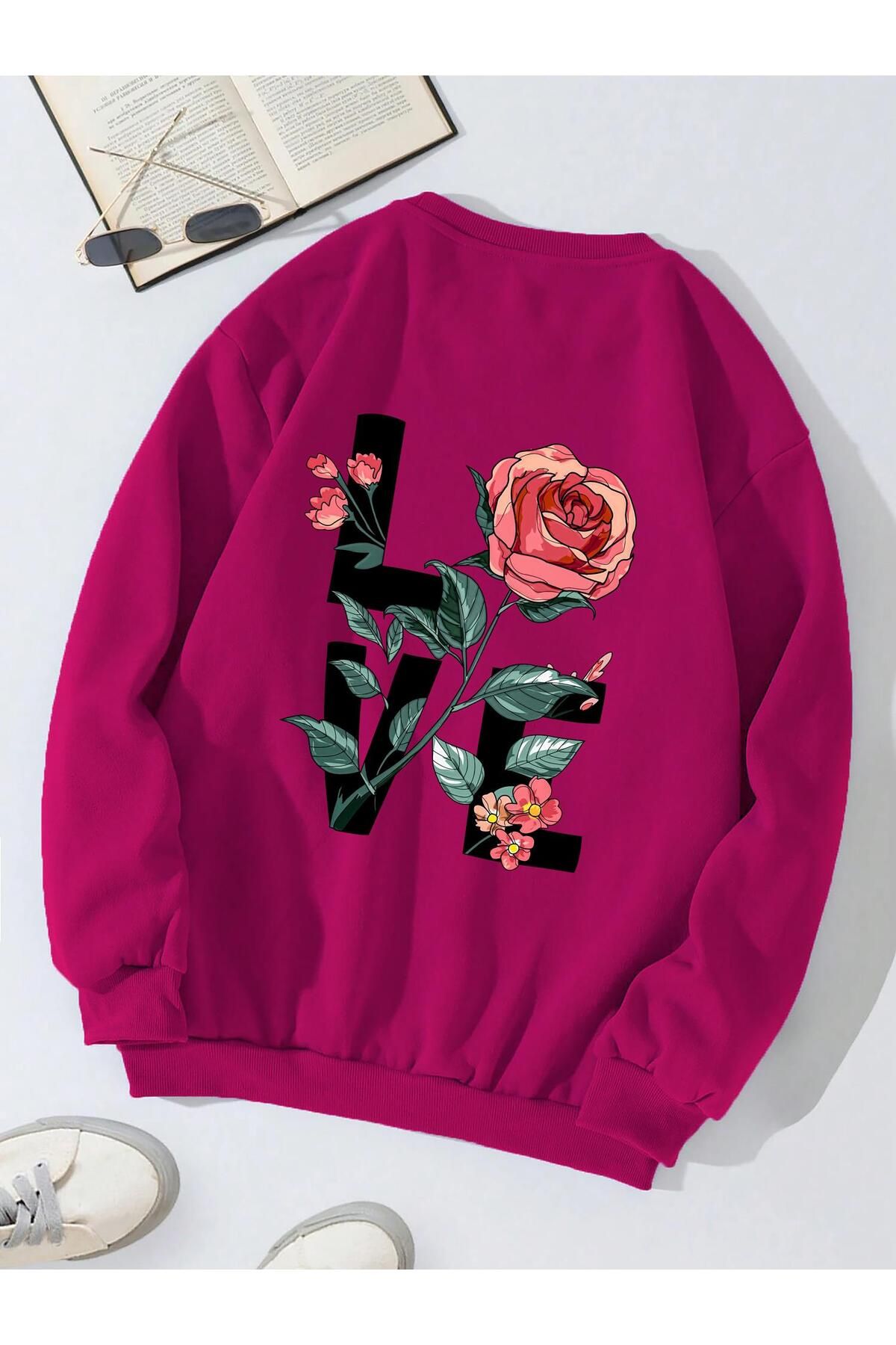 SOFTWAY Hanorac Unisex Oversize Cu Decolteu Rotund Basic Rose Love Imprimat - Fuchia Unisex - M