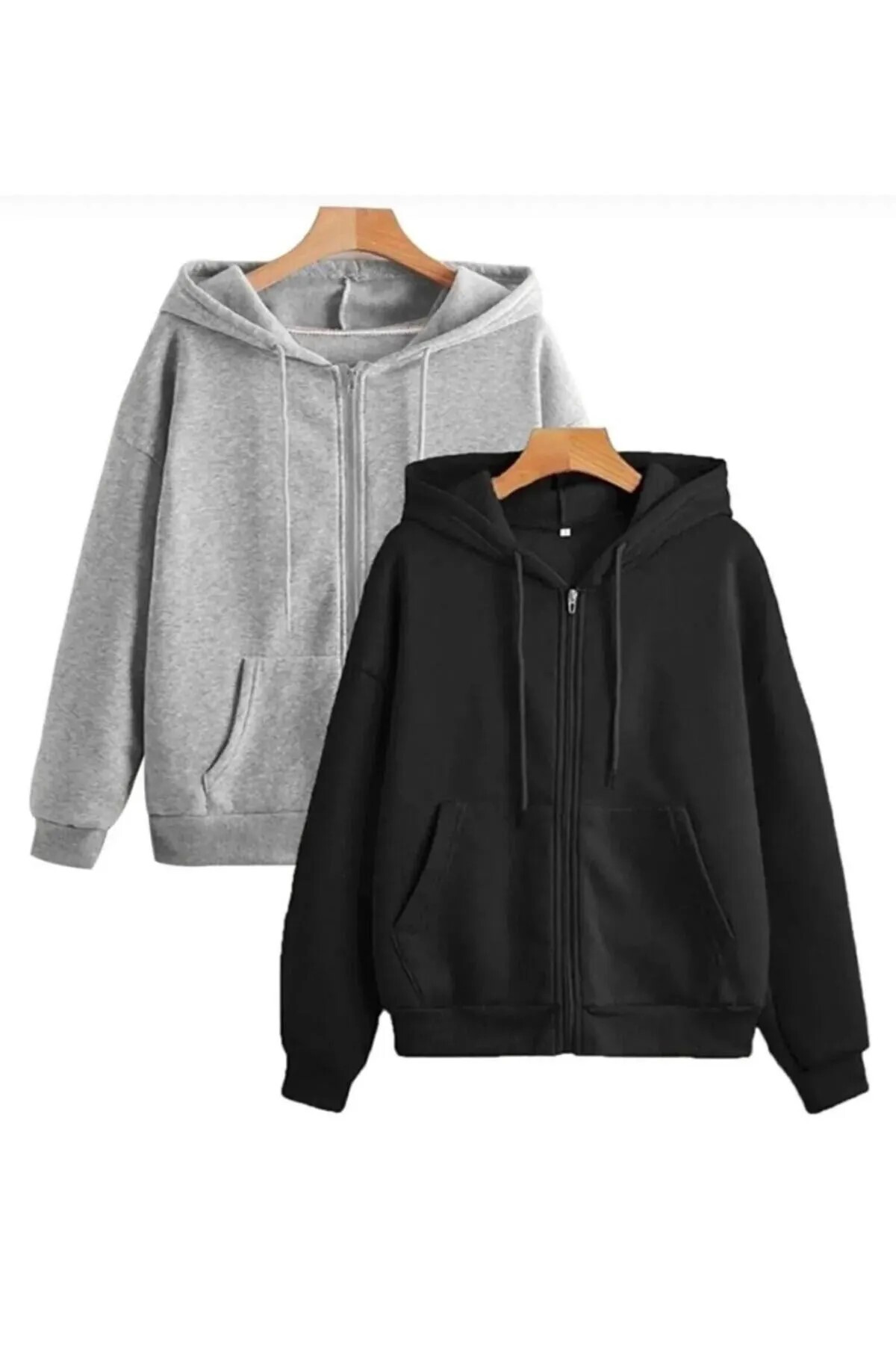 ALCİNOUS Unisex Kapüşonlu Fermuarlı Oversize SİYAH-GRİ 2'Lİ CEKET TAKIM