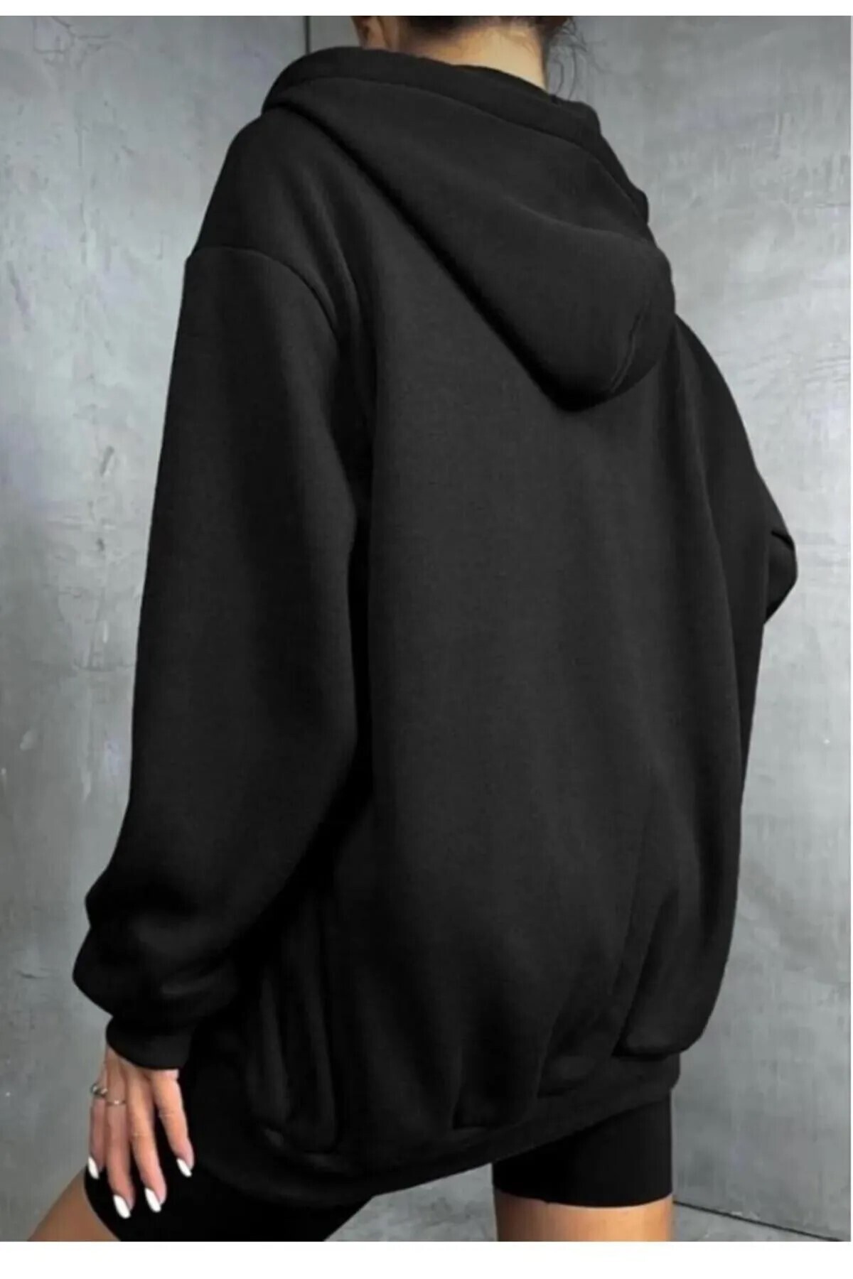 ALCİNOUS Unisex Kapüşonlu Fermuarlı Oversize SİYAH-GRİ 2'Lİ CEKET TAKIM görsel 4