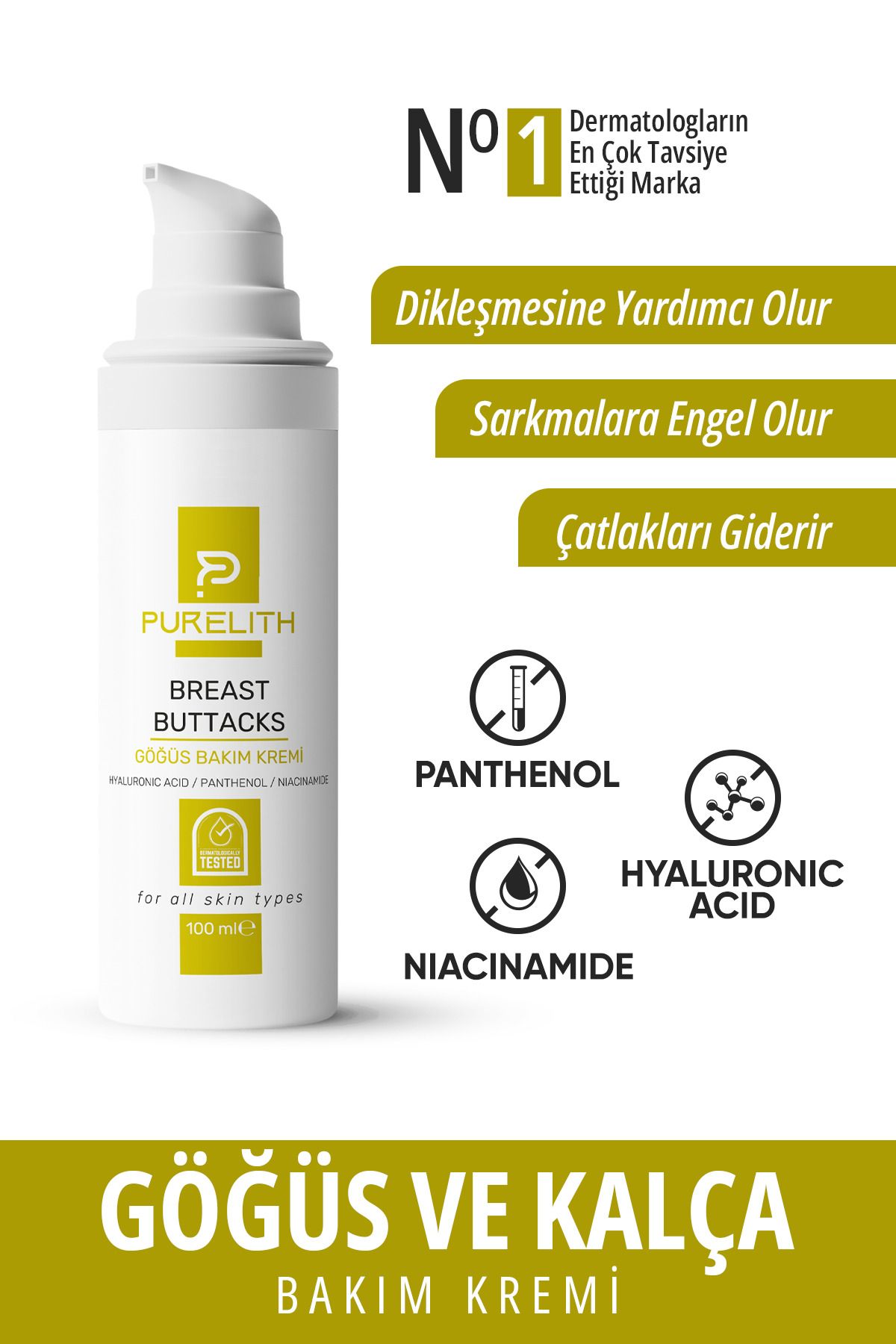 Purelith Göğüs Dikleştirici Dolgunlaştırıcı Sıkılaştırıcı Gövüs Ucu Çatlak Giderici Göğüs Bakım Kremi 100 ml