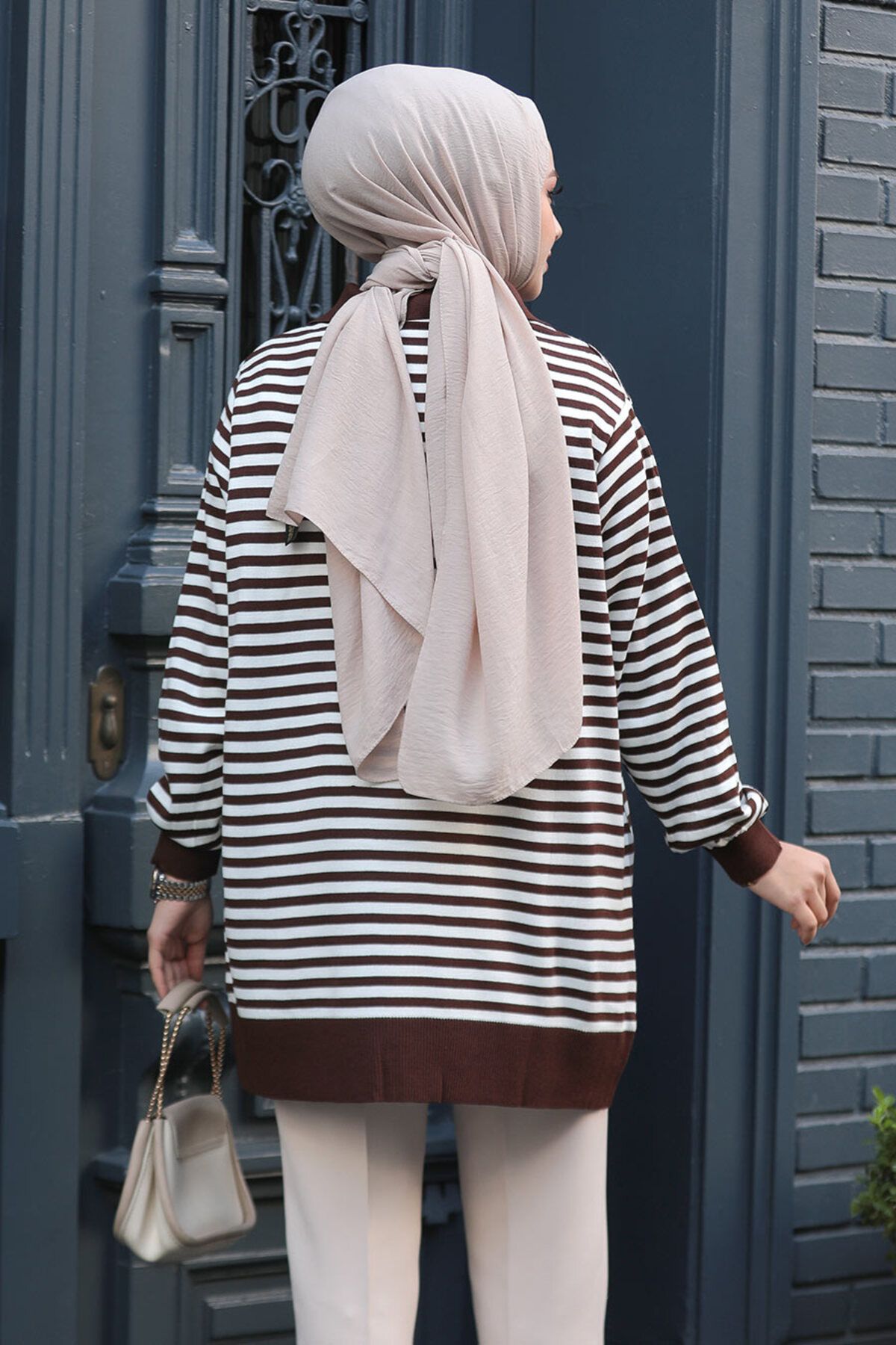 Neva Style-Striped Brown Hijab Knitwear Tunic Sweater 65904Kh 3