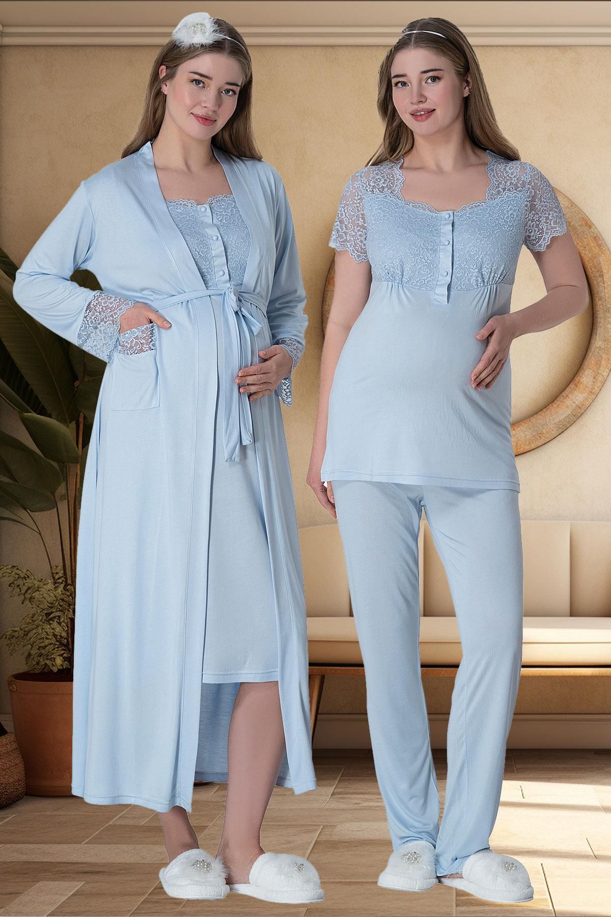 EM&FA TEKSTİL EM&FA 6065 Kırmızı Uzun Sabahlıklı Gecelik Pijama Lohusa Set