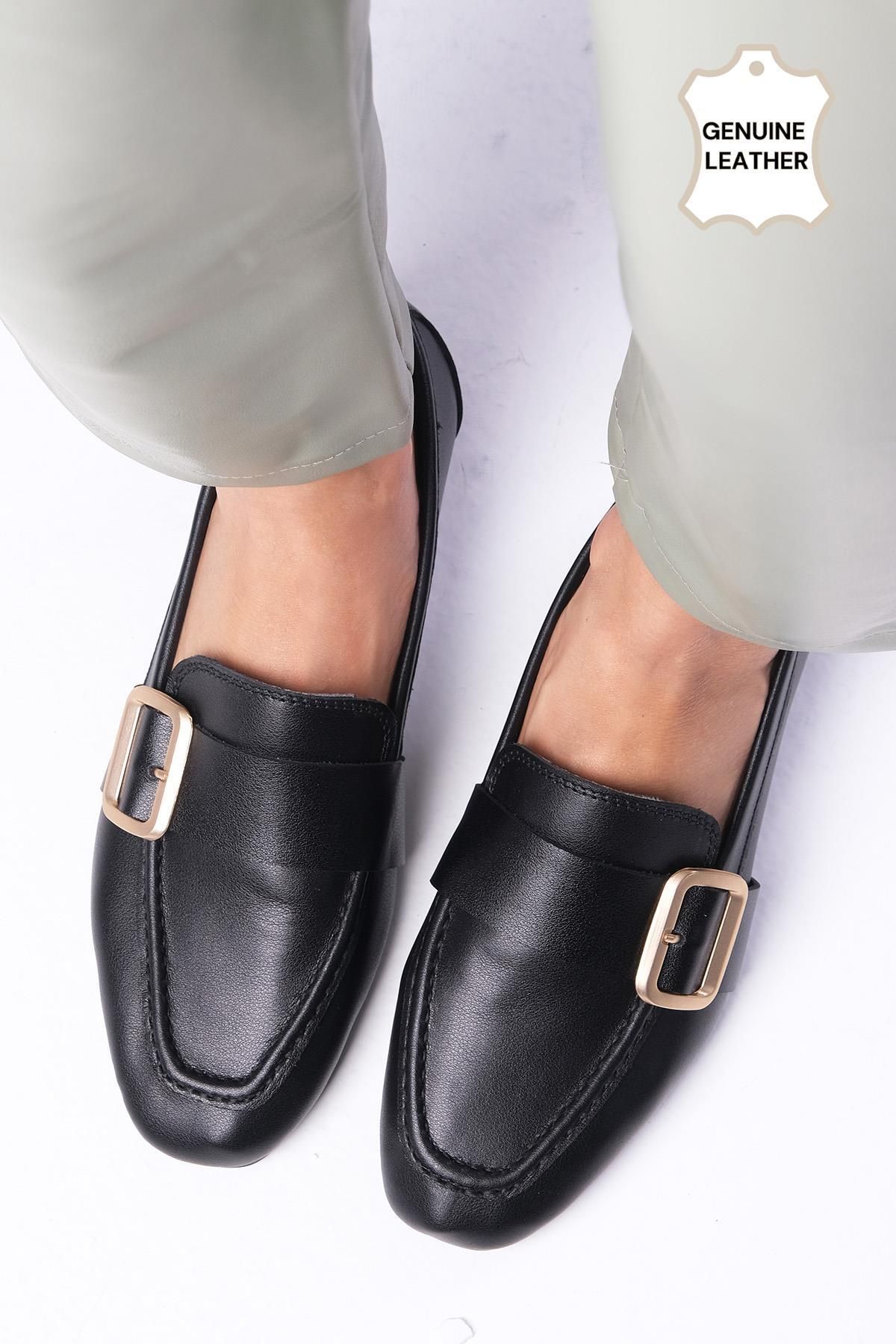 Mio Gusto-Martina Black Genuine Leather Blunt Toe Women's Loafer 1