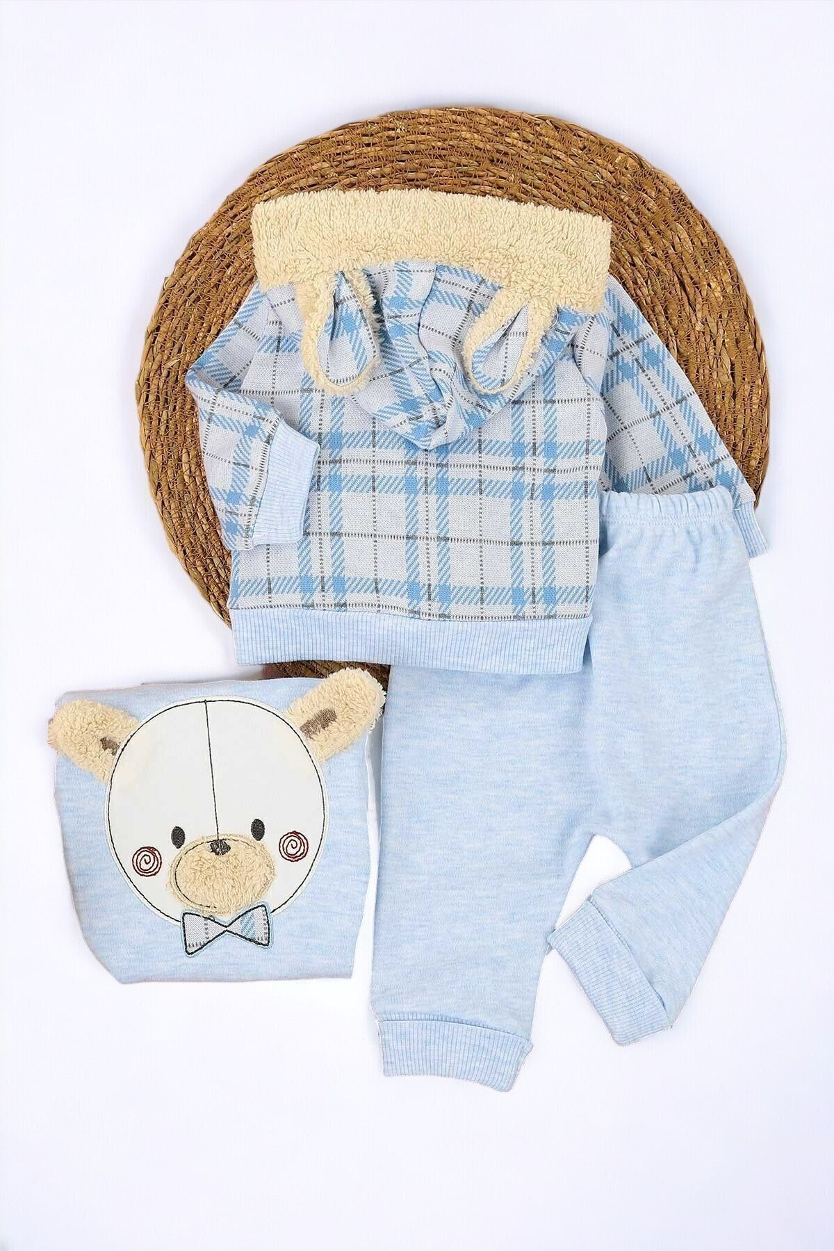 voyyo kids baby Yenidoğan Erkek Bebek Ayıcık Detaylı 3 Parça Zıbın Takımı fotoğrafı 2 (önizleme)