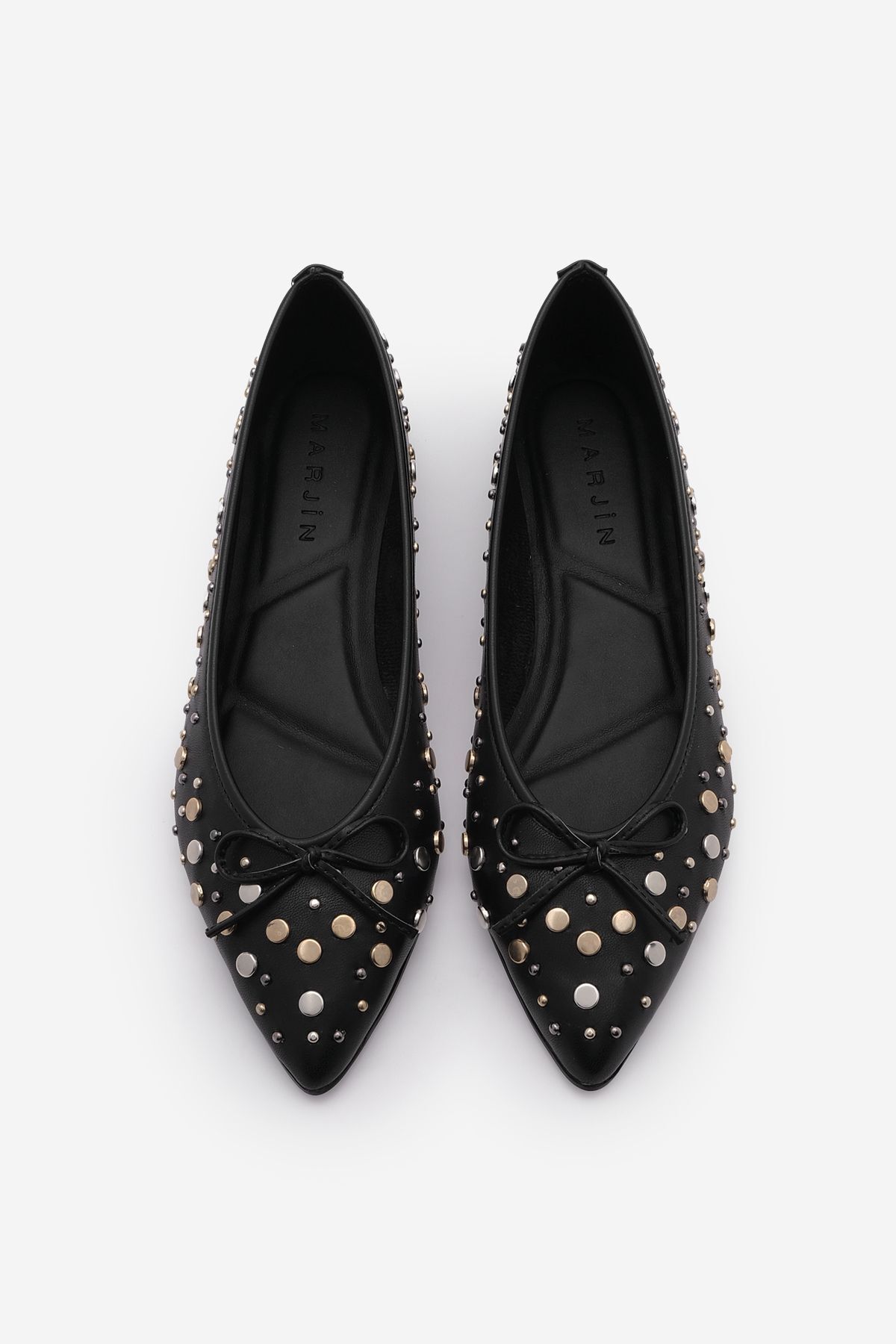 Marjin-Black Pointed Toe Studded Bow Casual Ballerinas 7