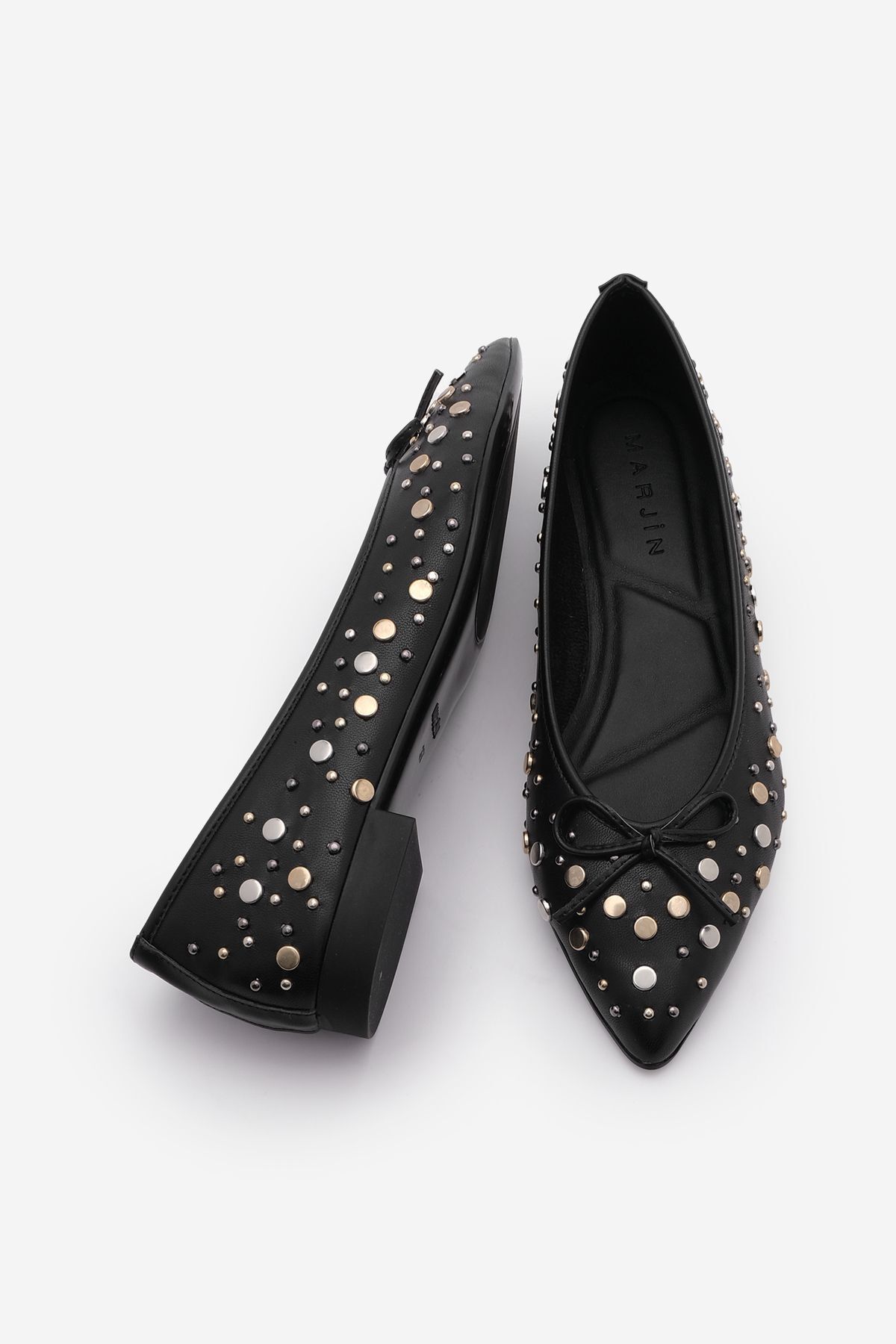 Marjin-Black Pointed Toe Studded Bow Casual Ballerinas 8