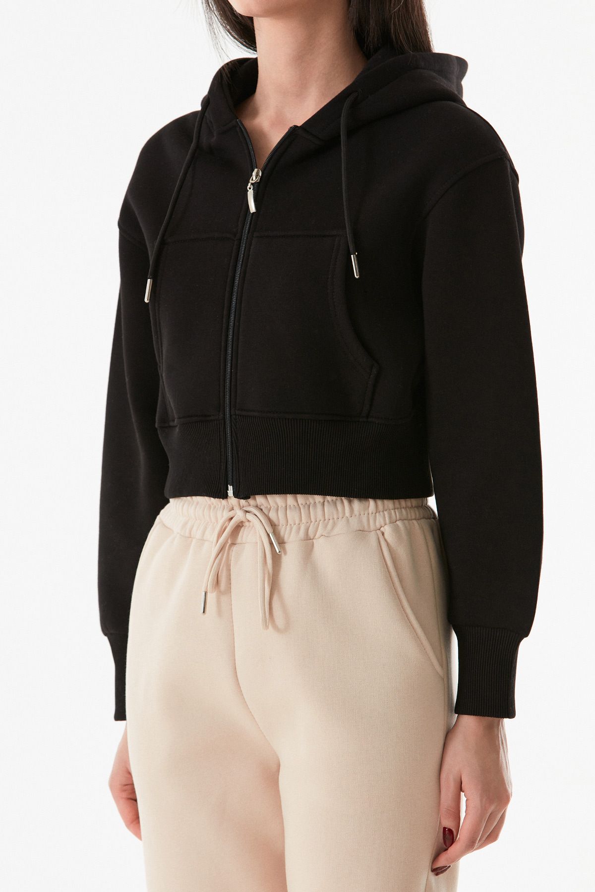 Fulla Moda-3 Yarn Basic Hooded Crop Sweatshirt 5