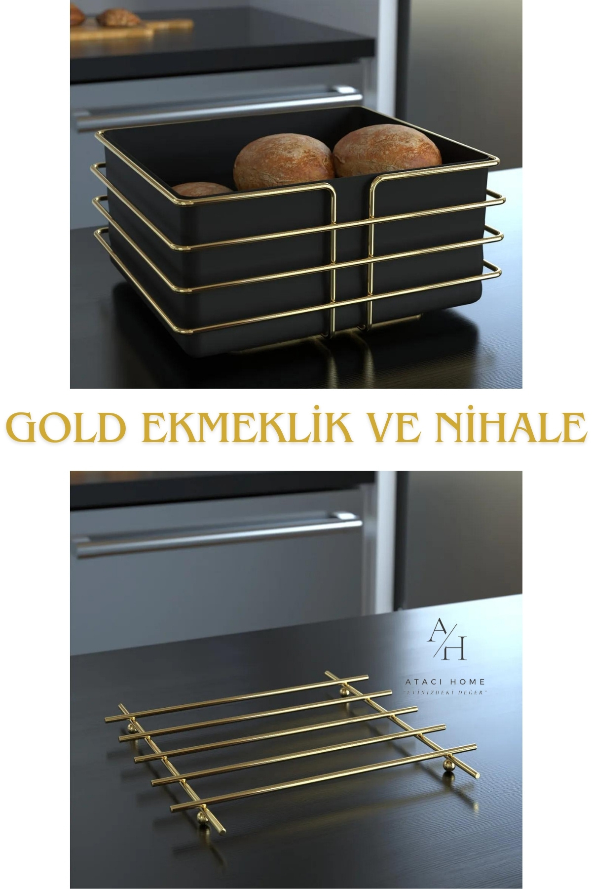 ATACI Lüx Paslanmaz Gold Altın Ekmek Sepeti Ve Nihale Ekmeklik 2'li Set