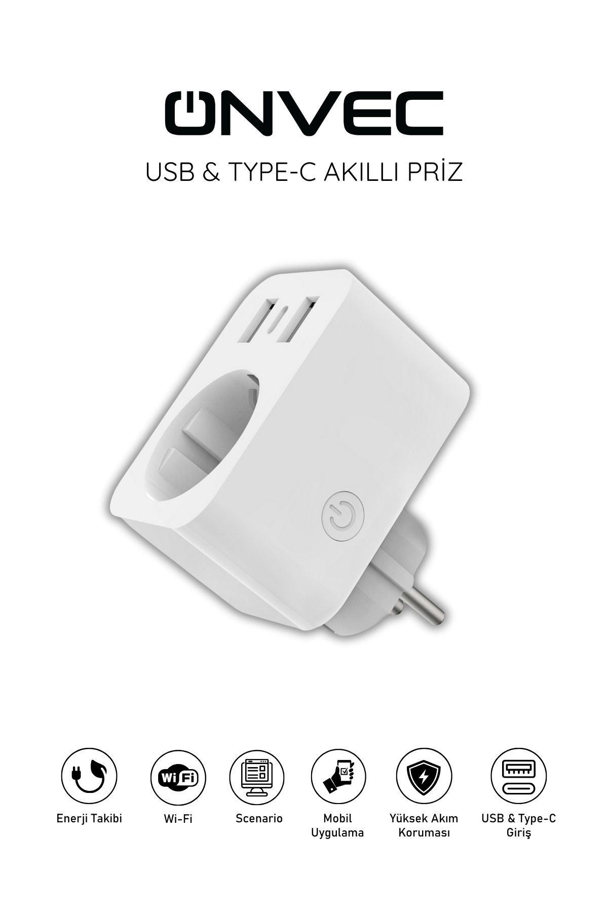 ONVEC Usb Type-c Akıllı Tekli Priz, Wifi Ble, Google Home Ve Amazon Alexa Uyumlu, Uzaktan Kontrol,