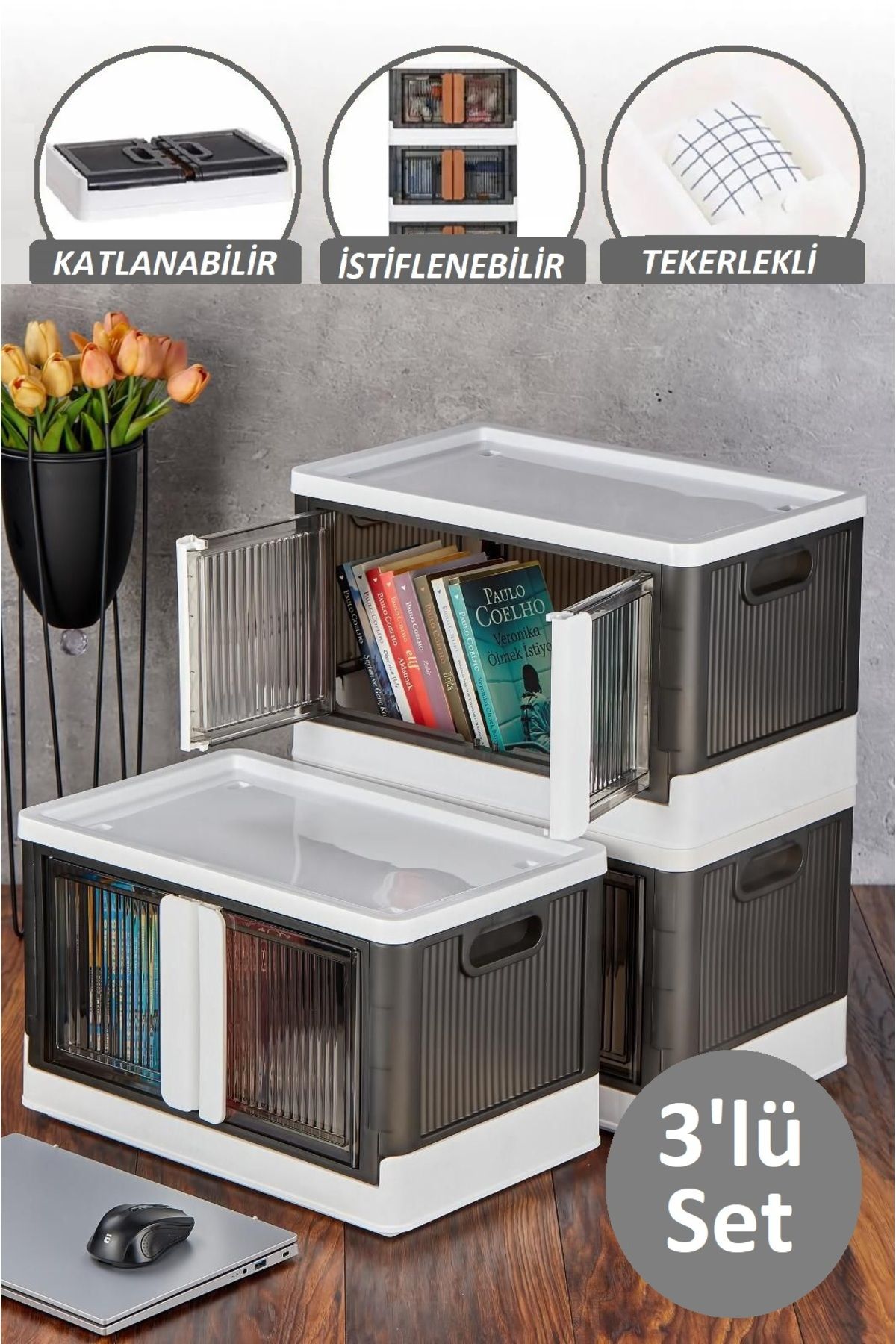 3 Katlı Tekerlekli Çift Kapaklı Kitaplık - İstiflenebilir Katlanır Çok Amaçlı Dolap Düzenleyici Kutu