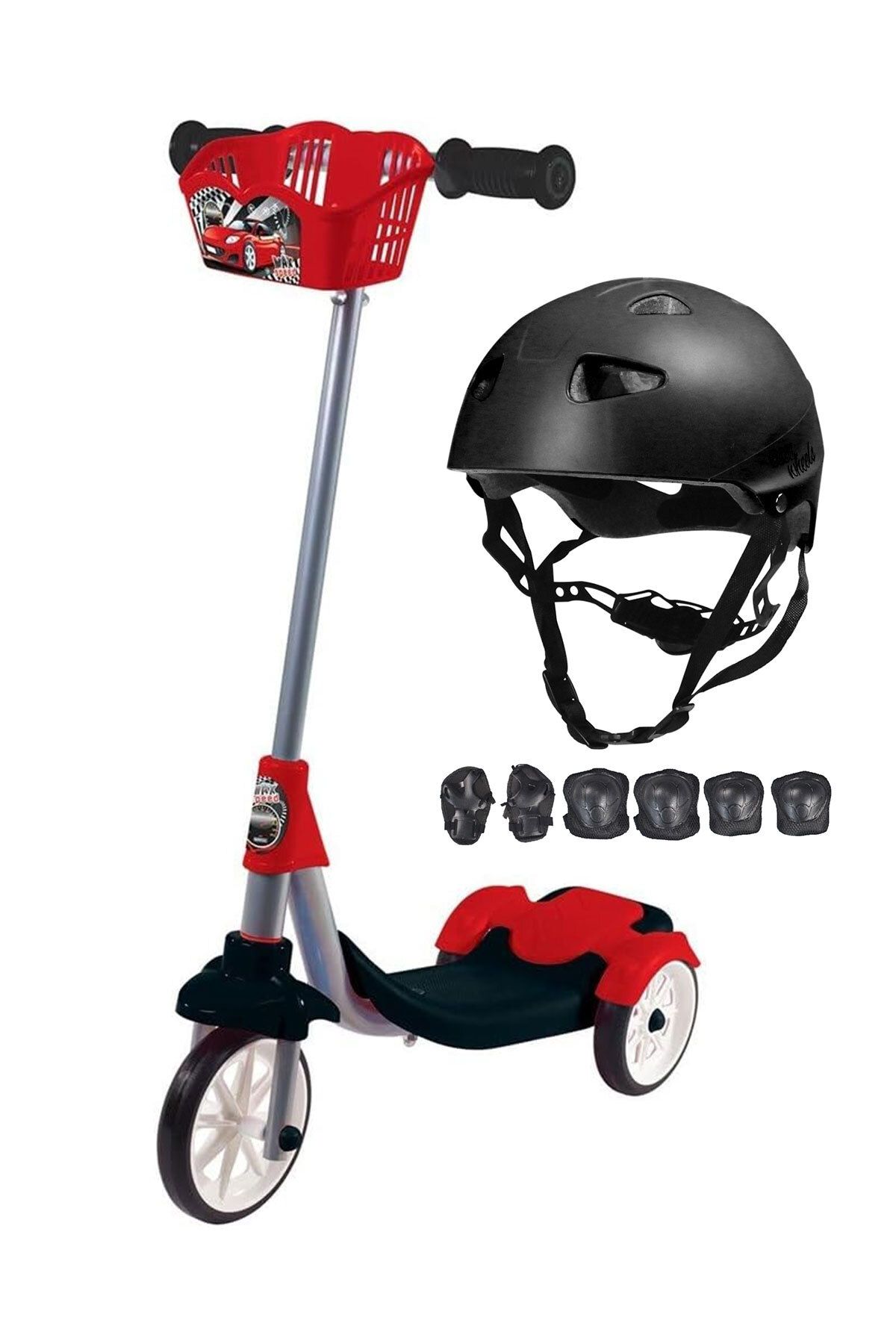 Cool Wheels 3 Tekerli Scooter Kask Dizlik Setli Frenli Max Speed Kırmızı Siyah 3-5 Yaş