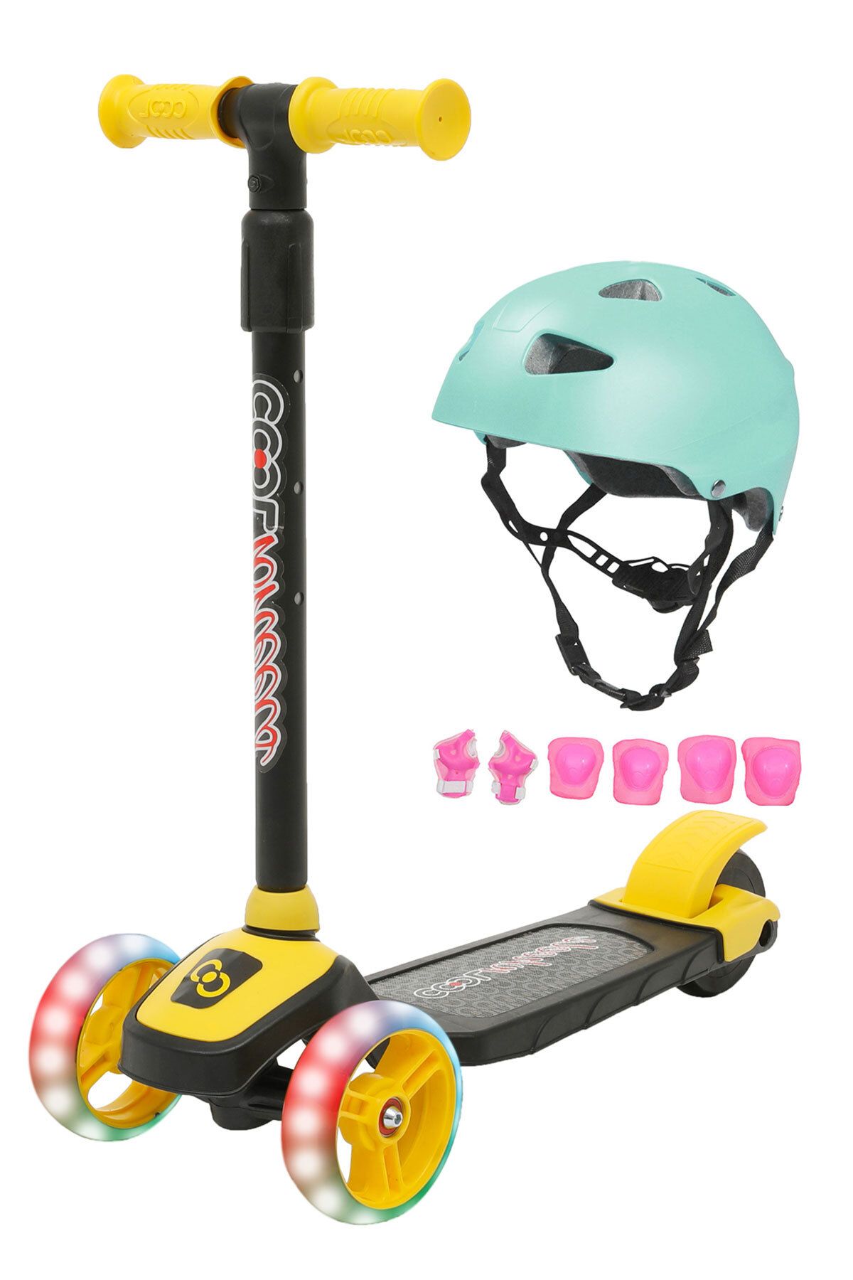 Cool Wheels Twist Işıklı Scooter Sarı,Turkuaz Kask Pembe Dizlik Dirseklik Setli 3-6 Yaş