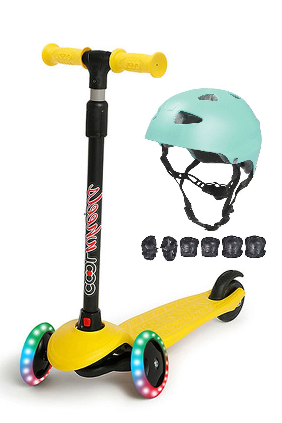 Cool Wheels Star Işıklı Scooter Sarı ,Turkuaz Kask Siyah Dizlik Dirseklik Setli 3-6 Yaş